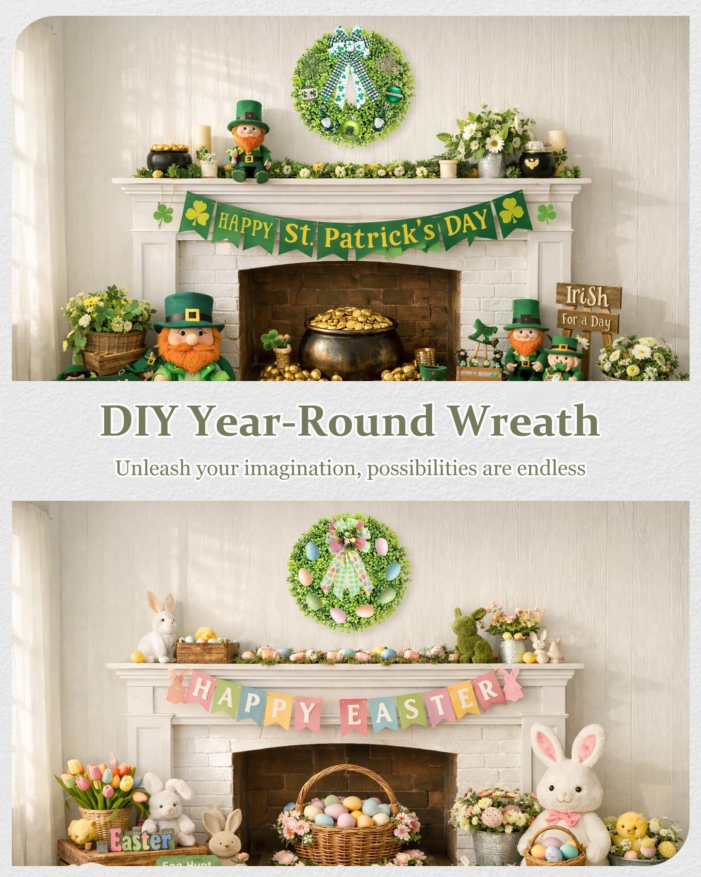 DDHS 20" Boxwood Wreaths Front Door, Artificial Spring Summer Wreath with Sash and Foldable, Year Round Indoor Outdoor for Farmhouse Fireplaces and Porches DIY St Patricks Day Decor-Gradient Green