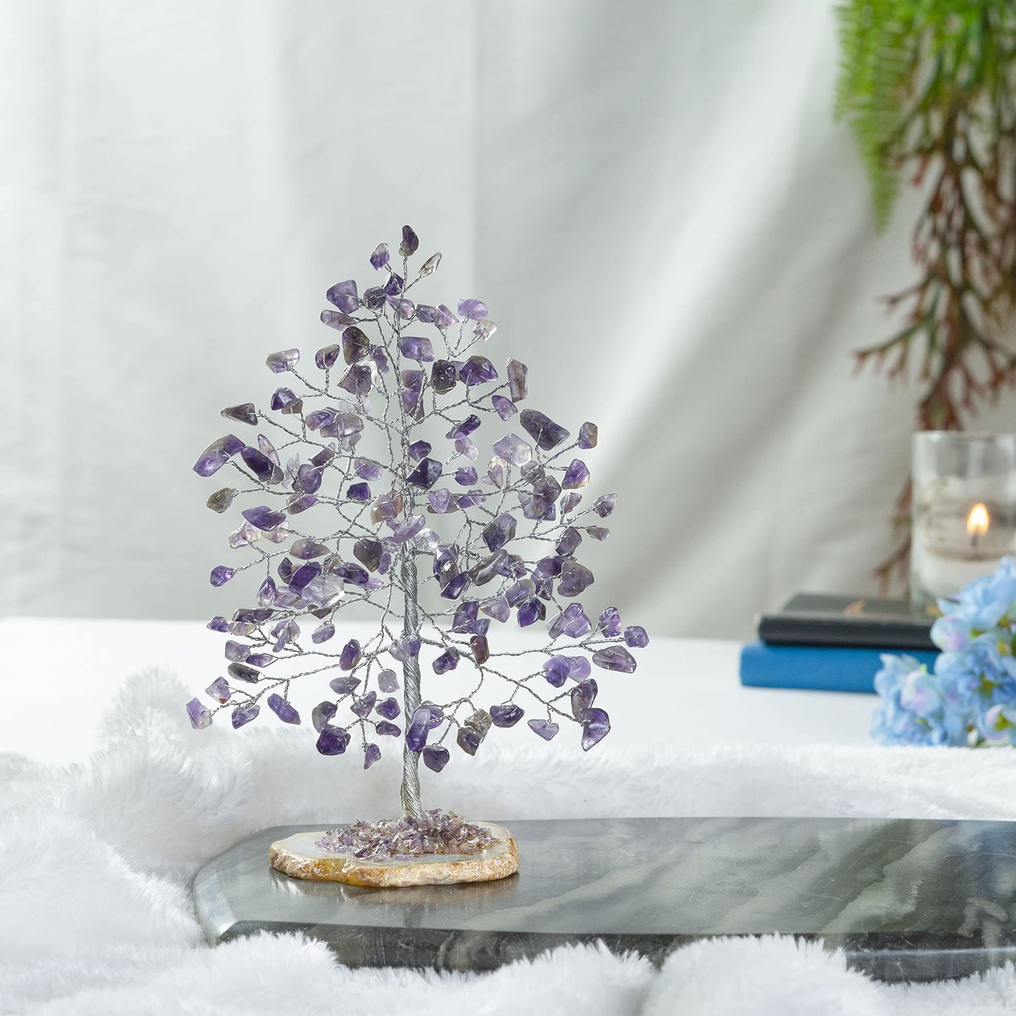 Crocon® Amethyst Gemstone Money Tree Agate Slice Base Gifts for Women Men Family Feng Shui Figurine Reiki Healing Crystals Chakra Balancing Good Luck Ornament Sculpture Mystical Home Decoration, 7"