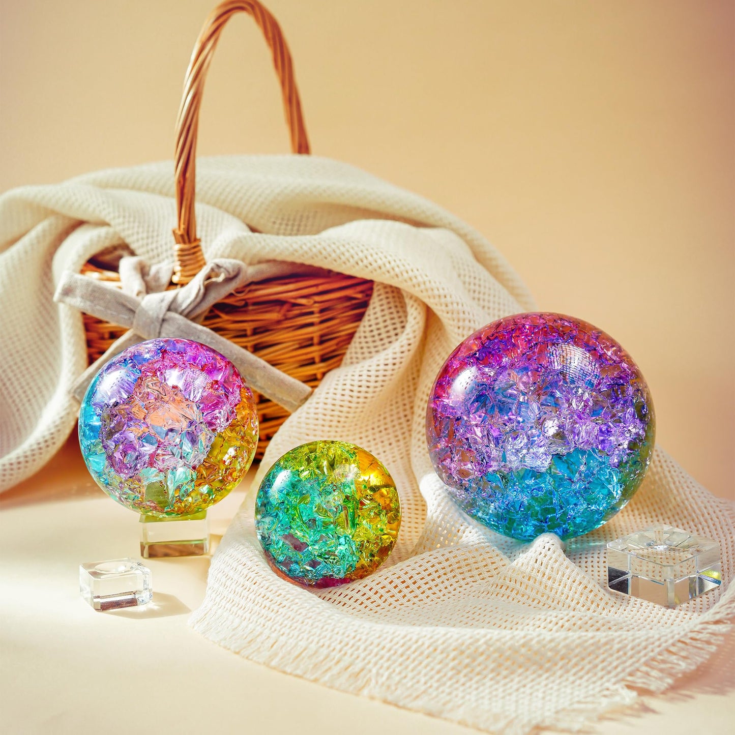 Crystal Ball Set of 3 Colorful Glass Decorative Spheres with Stands