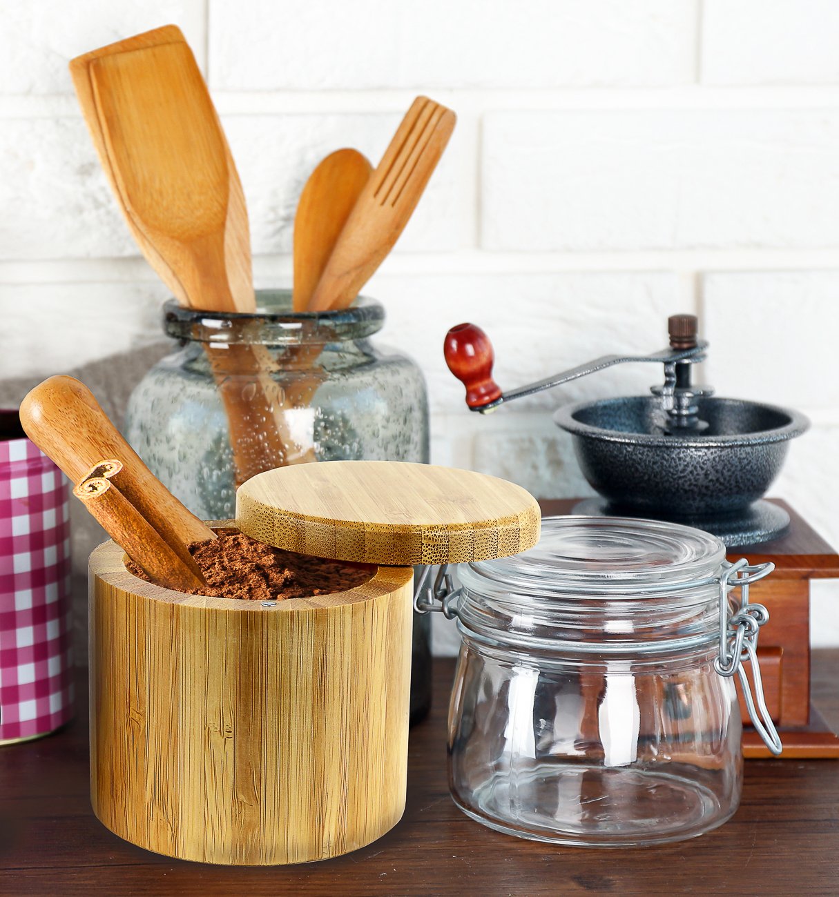 Estilo Premium Bamboo Salt and Pepper Bowls, Wooden Spice Containers with Magnetic Swivel Lids, Perfect for Salt, Spice, Sugar, Pepper Brown