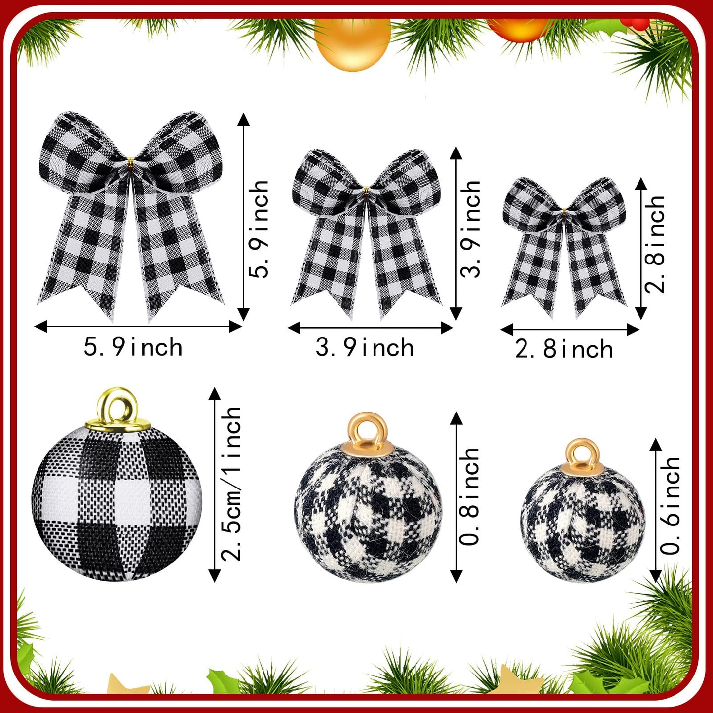 Chuangdi 36 Pcs Christmas Buffalo Plaid Ball Ornament and 12 Pcs Bow - Xmas Tree Hanging Decor for Holiday Farmhouse Party (Black and White, 5.9 Inch and 1 Inch)