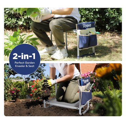 Tovve Upgraded Garden Kneeler and Seat with Thicken & Widen Soft Kneeling Pad, Heavy-Duty Foldable Garden Stool with Large Garden Tool Bag, Portable Garden Bench Gardening Gifts for Women, Seniors