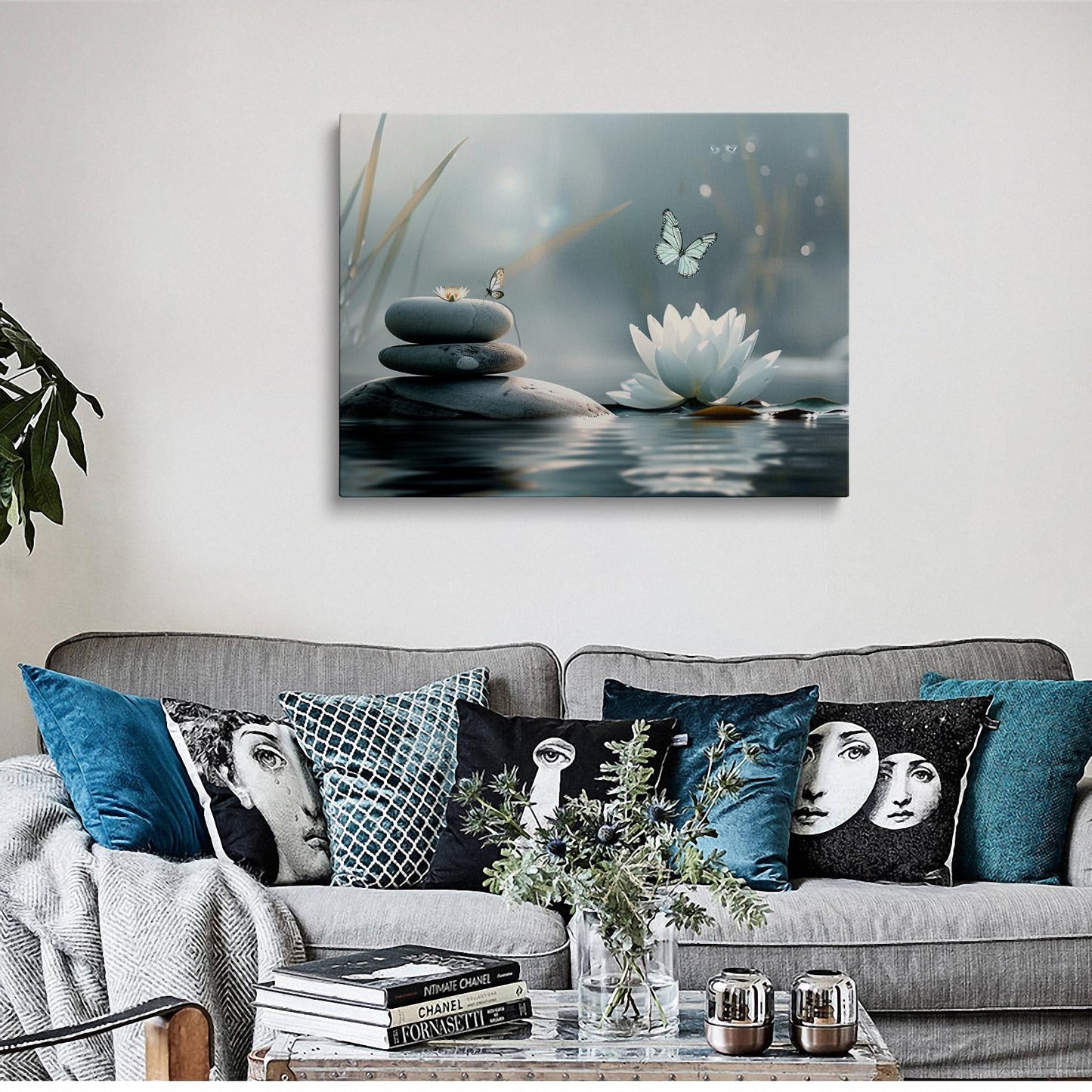 Zen Lotus Flower with Stones and Butterflies Canvas Wall Art Framed Serene Painting Prints Posters Artwork for Meditation Room Wall Decor Calming Spiritual Bathroom Art 12x16 Inches