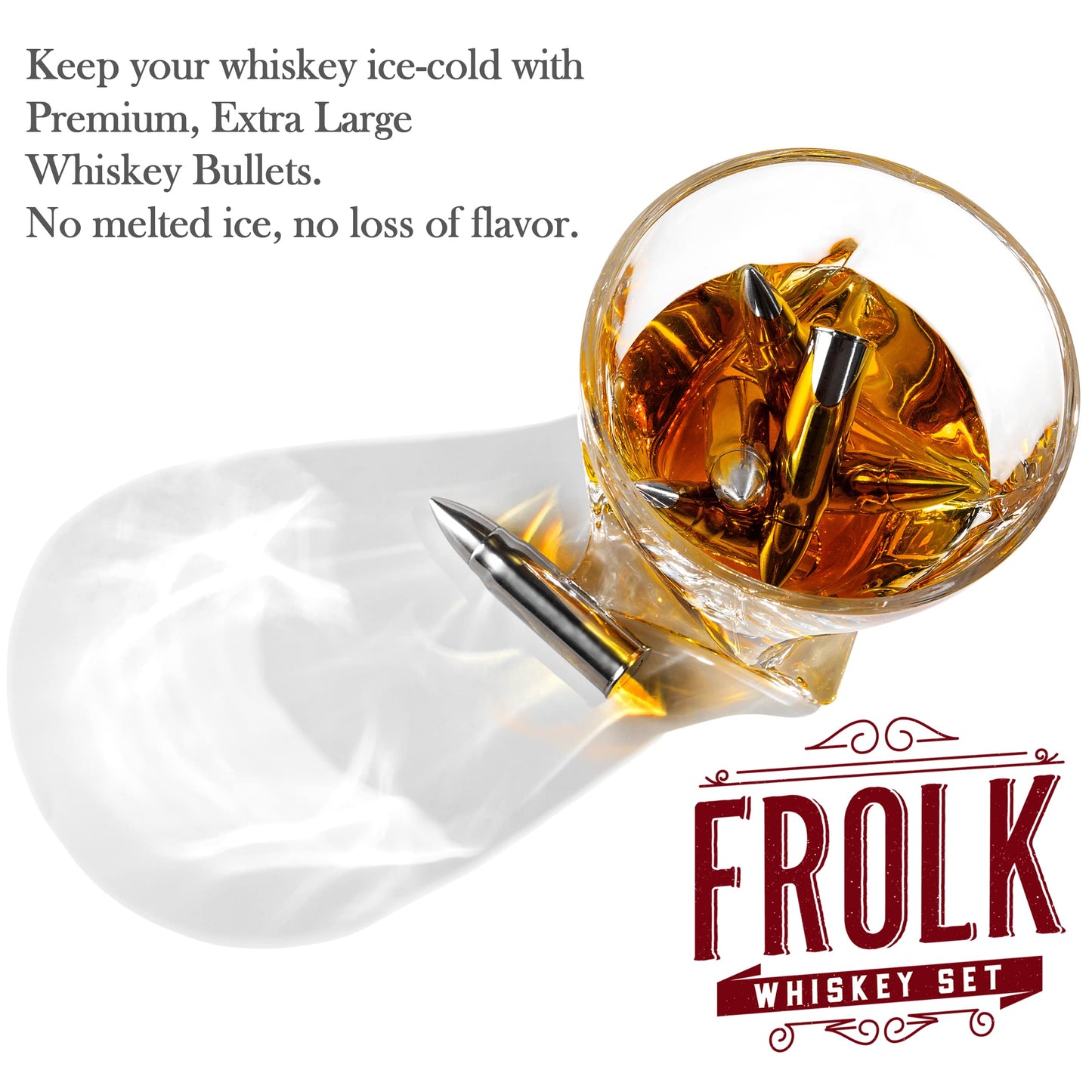 Whiskey Chillers Premium Gift Set By Frolk, Set of 6 Extra Large Stainless Steel Whiskey Stones, 2 Large Twisted Whiskey Glasses (11 oz), Freezer Base, Velvet Pouch & Tongs in Novelty Wooden Box