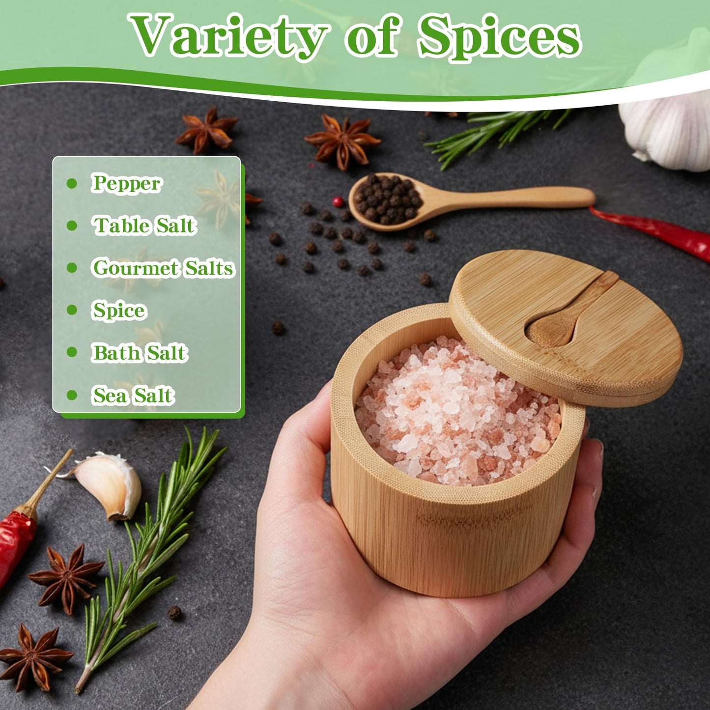 KongTiva 4 Pcs Bamboo Salt Cellar with Built-in Spoon and Magnetic Swivel Lid, Bamboo Salt and Pepper Containers, Seasoning Storage Holder Box for Salt, Pepper, Sugar, Spice, 6 oz