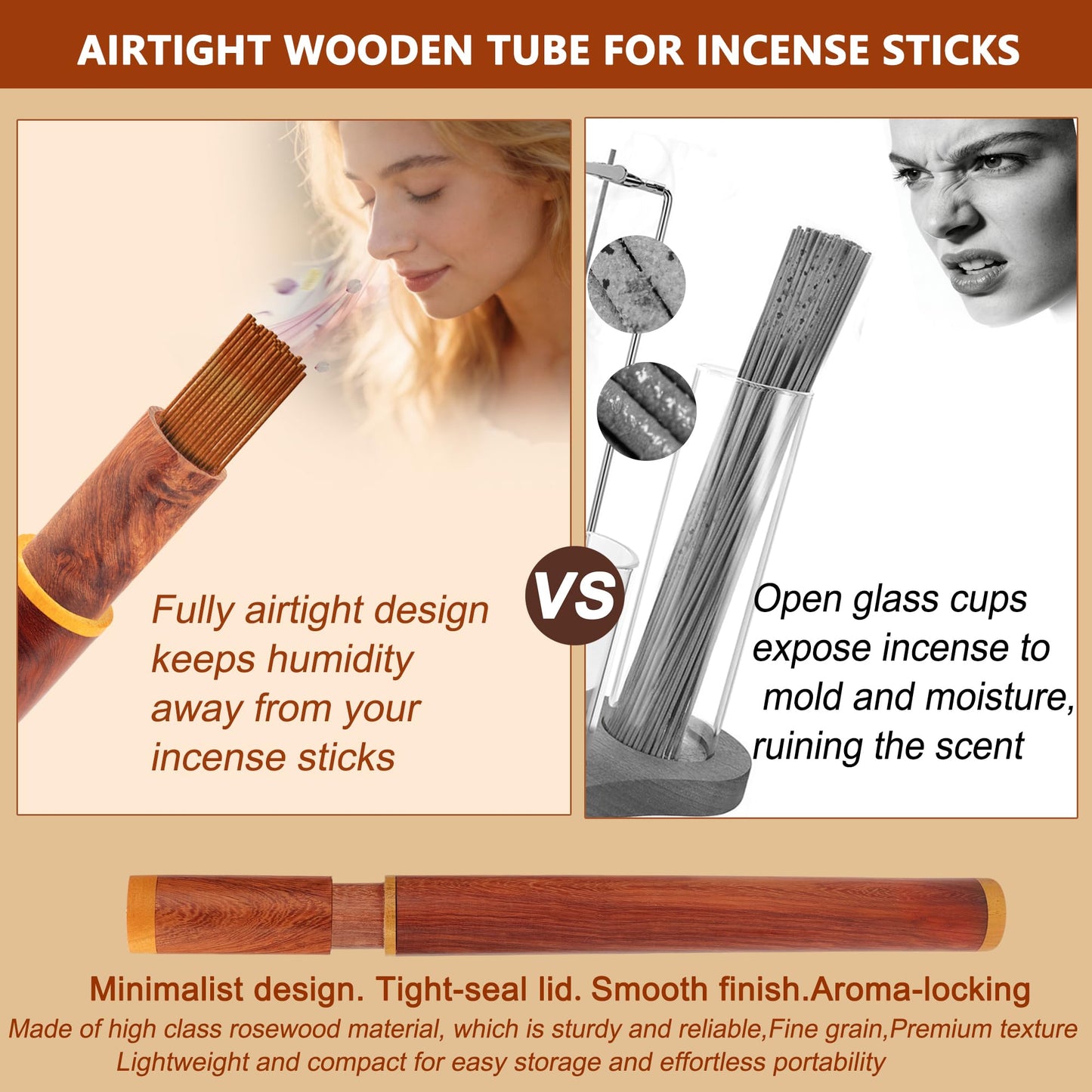 Zeckzoin Wood Incense Holder for Sticks with Glass Ash Catcher-Airtight StorageTube,Portable Incense Burner for Yoga Meditation Travel Home Gift