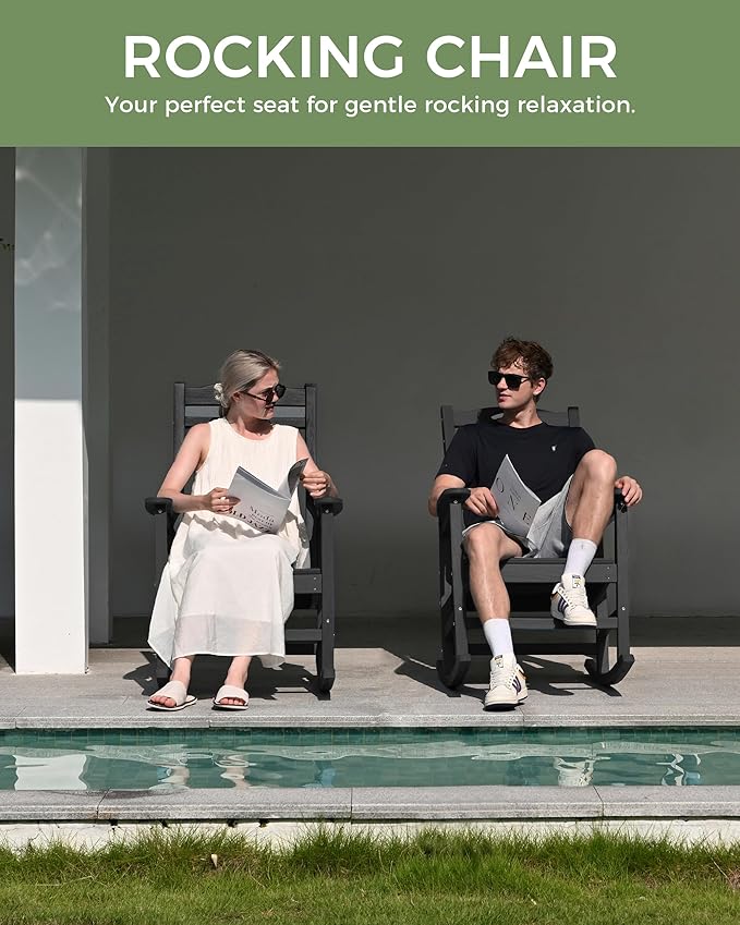 Oversized Outdoor Rocking Chair, High Back Porch Rocker Chair, HDPE All Weather Resistant Rocking Chairs for Patio, 380lbs Weight Capacity, Black