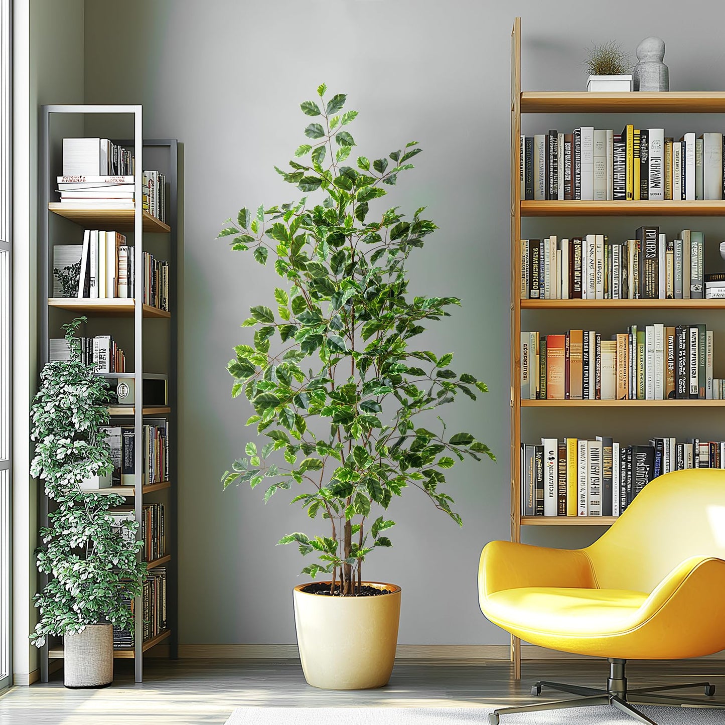 Bailikang Artificial Ficus Tree Indoor 5ft, Large Potted Faux Tree with Realistic Silk Leaves & Trunk for Home Office, Living Room Corner Decor
