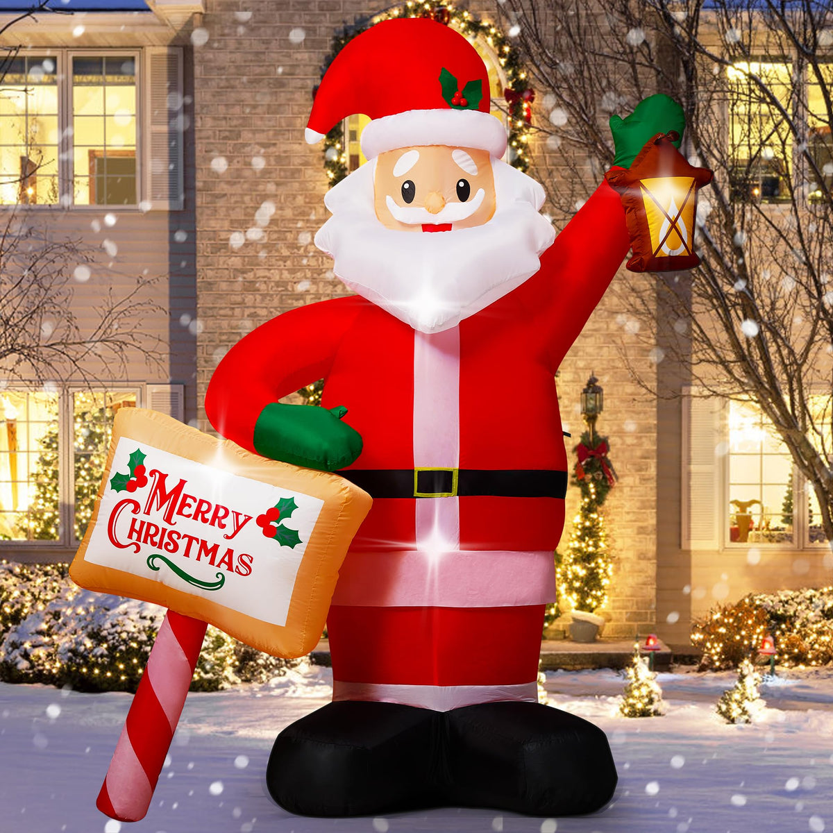 7FT Christmas Inflatables Santa Claus Outdoor Decorations, Blow up Santa Inflatables Holding Lantern & Merry Xmas Sign with Built-in LED Lights, Outdoor Holiday Yard Decor for Garden Lawn Porch