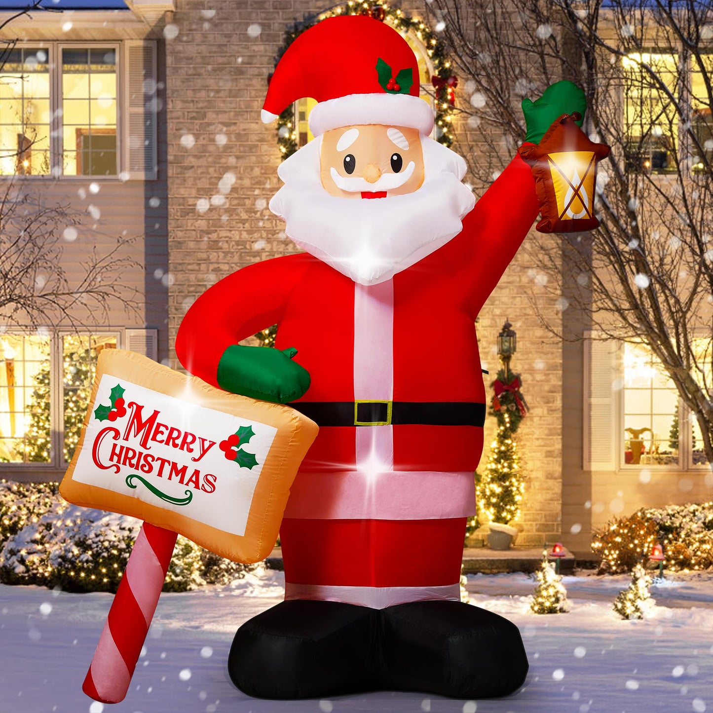 7FT Christmas Inflatables Santa Claus Outdoor Decorations, Blow up Santa Inflatables Holding Lantern & Merry Xmas Sign with Built-in LED Lights, Outdoor Holiday Yard Decor for Garden Lawn Porch