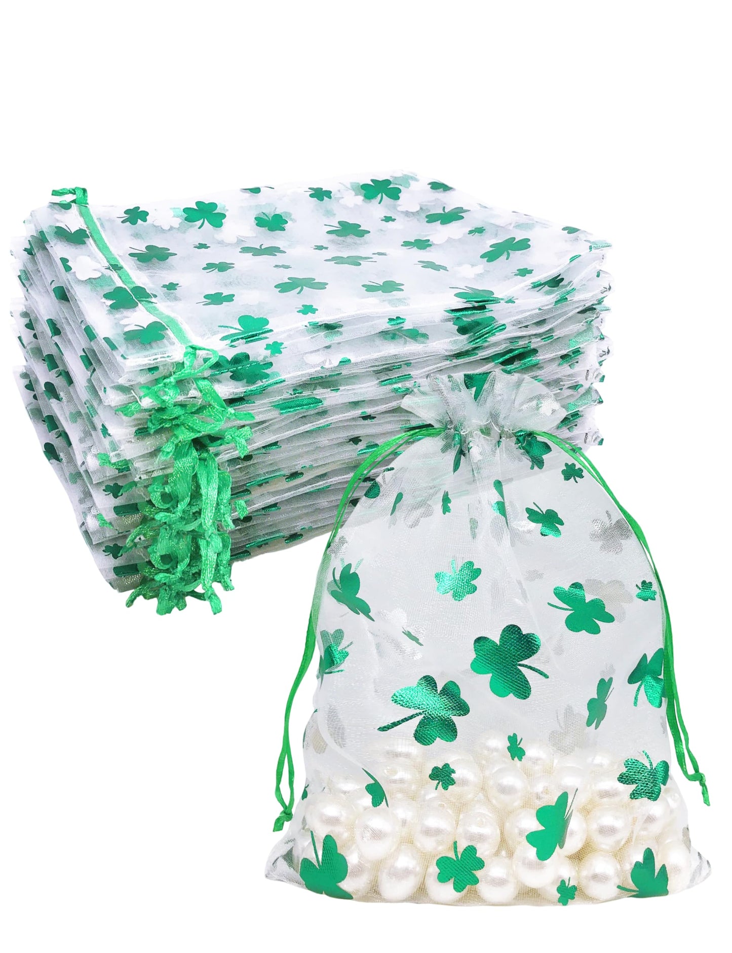 Jexila 50PCS St.Patrick's Day Organza Gift Bags Shamrock Clover Drawstring Goodie Treat Bag St.Patrick's Party Favors for Kids Classroom