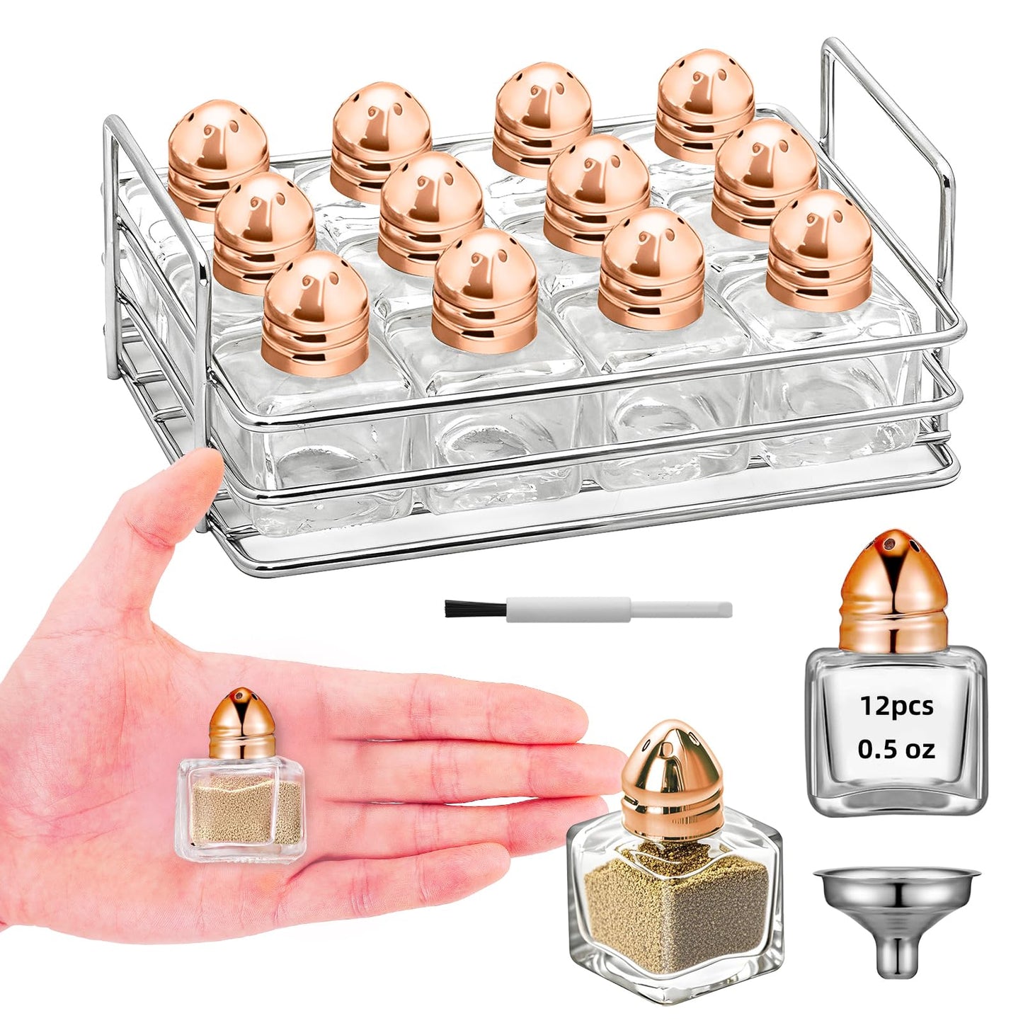 12 Pcs 0.5 oz Cube Shape Small Salt and Pepper Shakers Clear Mini Glass Seasoning Jars Spice Salt Shakers with Funnel and Storage Rack for Wedding Party Restaurant Home Kitchen (Rose Gold)