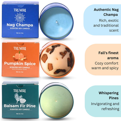 Balsam Fir Pine, Pumpkin Spice, Nag Champa - Soy Candles Non Toxic - Highly Scented Long Lasting with Essential Oils - Variety Pack of 3 x 5oz - for Home Aromatherapy Meditation Gift Travel