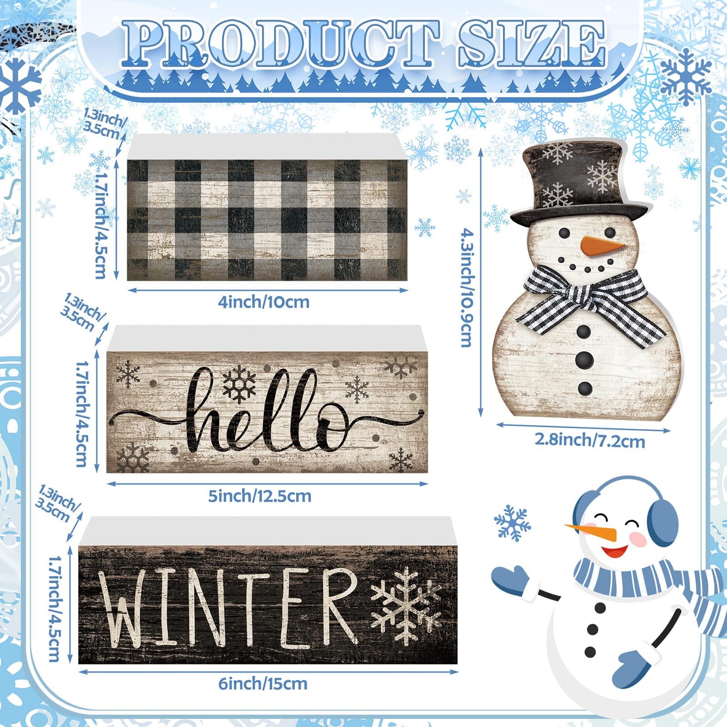 Moucuny 4 Pcs Snowman Christmas Decor Winter Table Decorations Christmas Tiered Tray Decor Winter Centerpiece Decorations Indoor Rustic Wooden Snowman Block Sign Gift Farmhouse for Home Kitchen Shelf