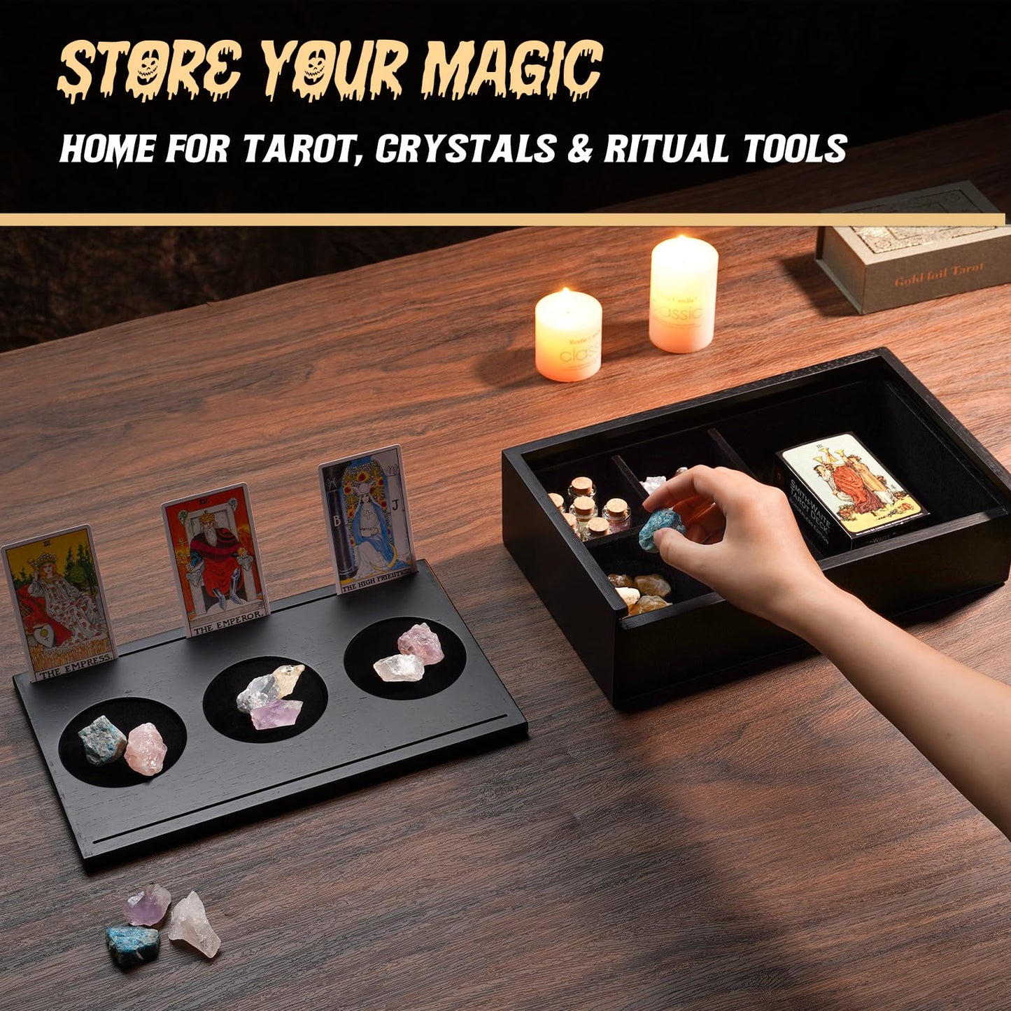 Emfogo Wooden Tarot Card Holder - Slide-Top Lid with 2 Card Slots Holds 8 Cards & Displays Crystals, Multi-Compartment Organizer for Jewelry, Trinket, Keepsake, Witchcraft Supplies (Black)