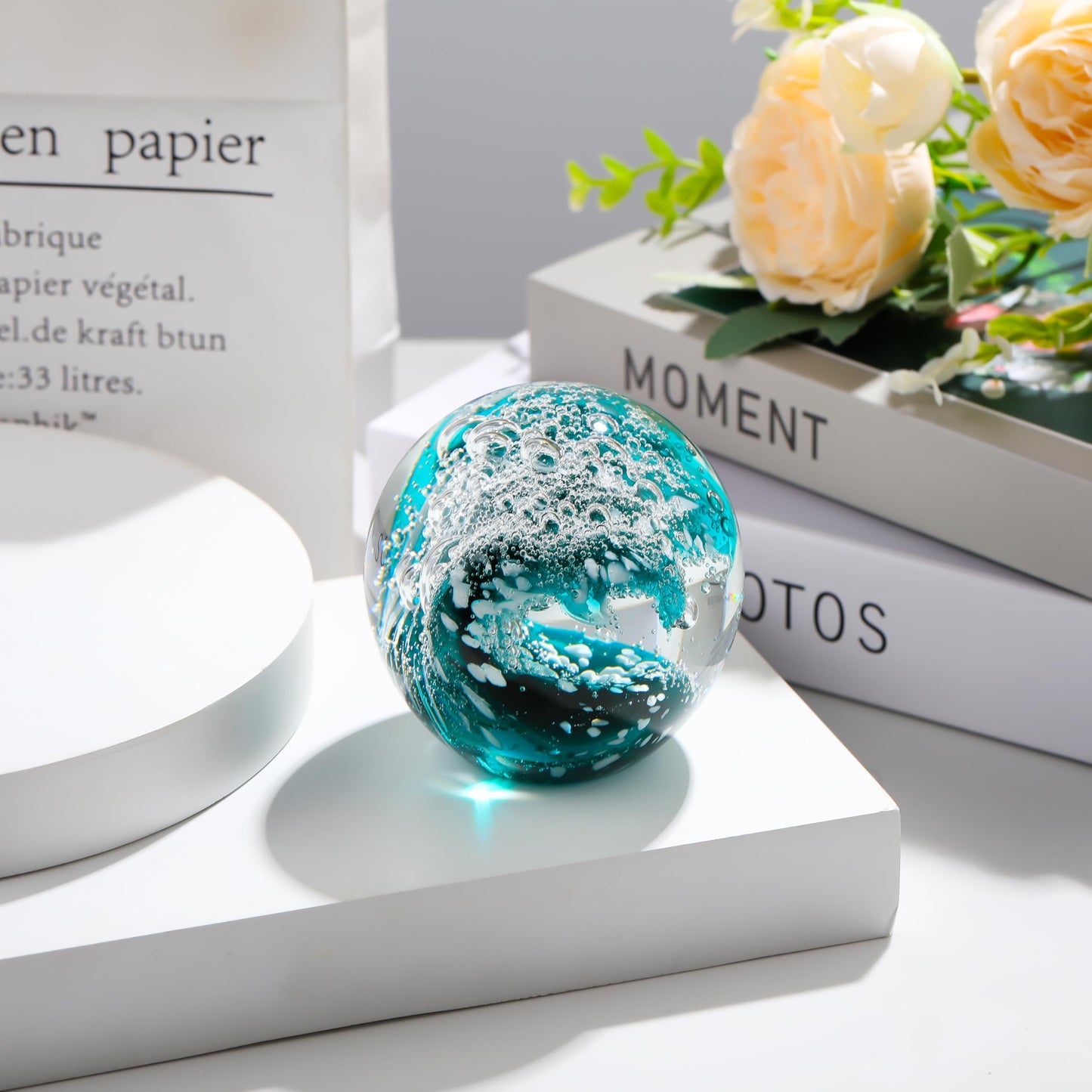Qianwei Ocean Waves Hand Blown Glass Decor Crystal Ball Sea Figurines Gifts