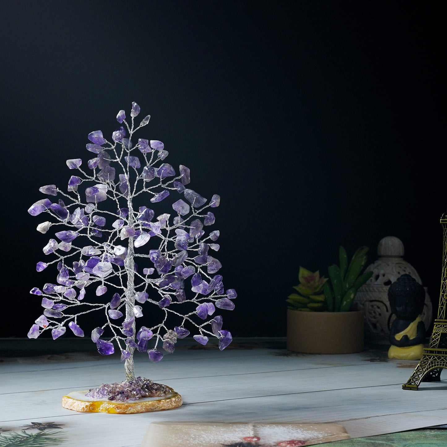 Crocon® Amethyst Gemstone Money Tree Agate Slice Base Gifts for Women Men Family Feng Shui Figurine Reiki Healing Crystals Chakra Balancing Good Luck Ornament Sculpture Mystical Home Decoration, 7"