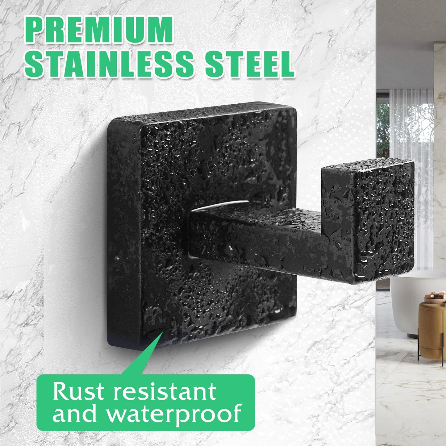 Fenas Heavy Duty Stainless Steel Towel Hooks, Wall Mounted Square Robe Hooks for Bathroom, Kitchen, Bedroom, Hotel Matte Black 2 Pack
