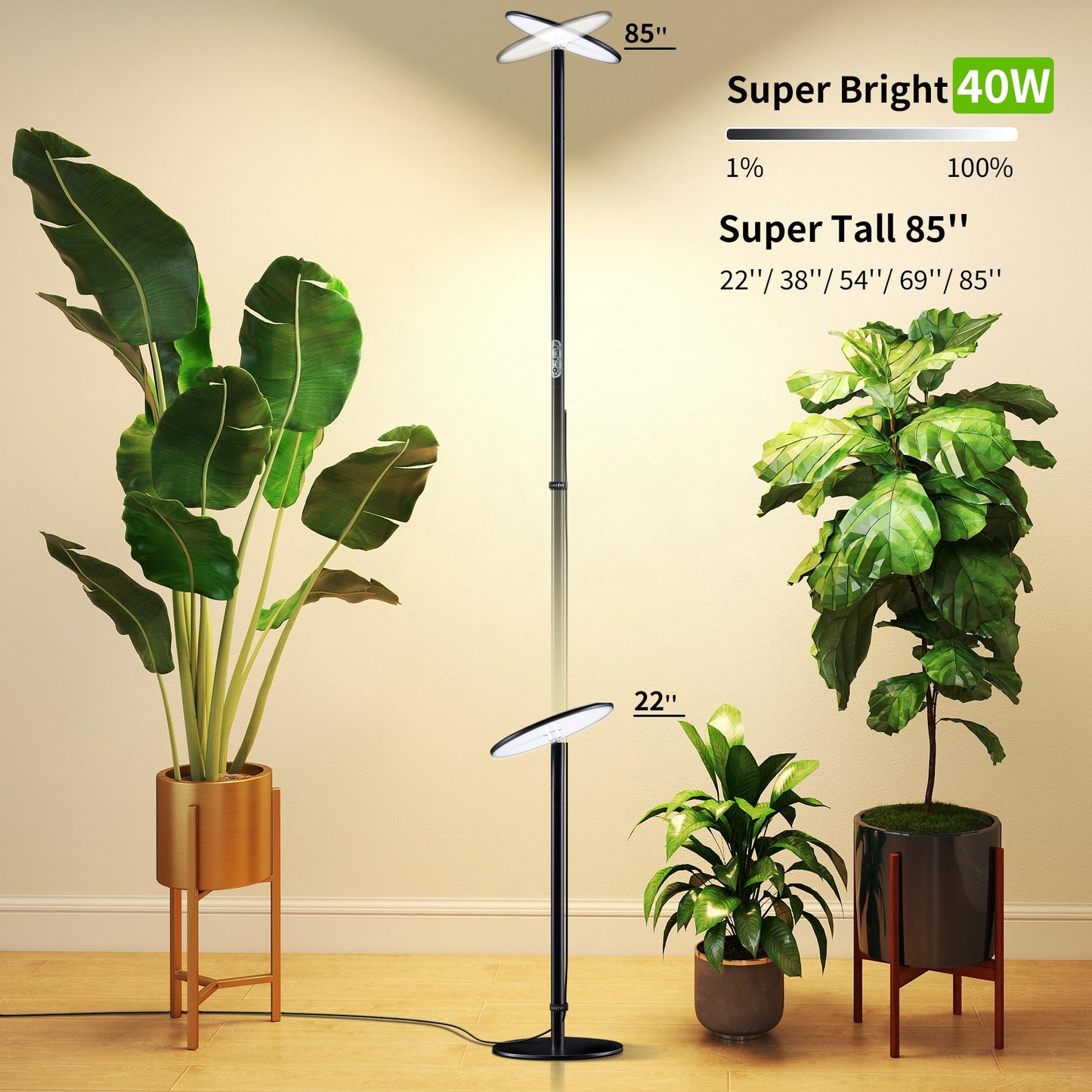 chiphy Grow Lights, 85" Full Spectrum Plant Light for Indoor Plants, 40W Grow Lamp, 10 Dimmable Brightness, Height Adjustable, Ideal for Large Tall Plants
