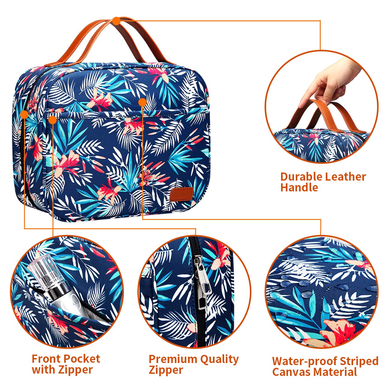 Bosidu Hanging Travel Toiletry Bag,Large Capacity Cosmetic Travel Toiletry Organizer for Women with 4 Compartments & 1 Sturdy Hook,Perfect for Travel/Daily Use/Christmas, Palm Leaf
