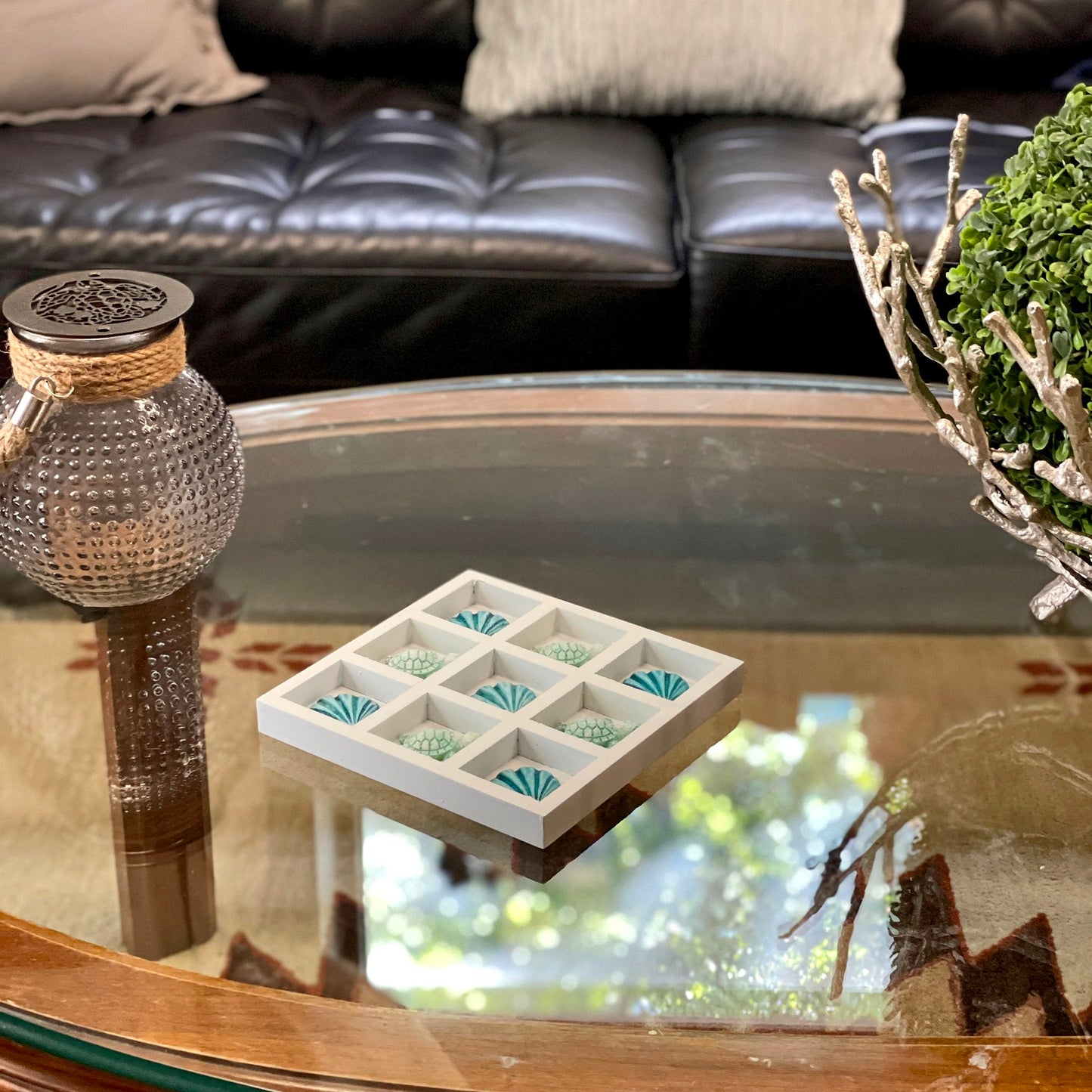 Coastal Shell and Sea Turtle Decorative Sculpture – 7" White Wood Tic Tac Toe Table Accent with Resin Pieces, Beach House Nautical Coffee Table Centerpiece, Ocean Home Decor, Adult Display Art