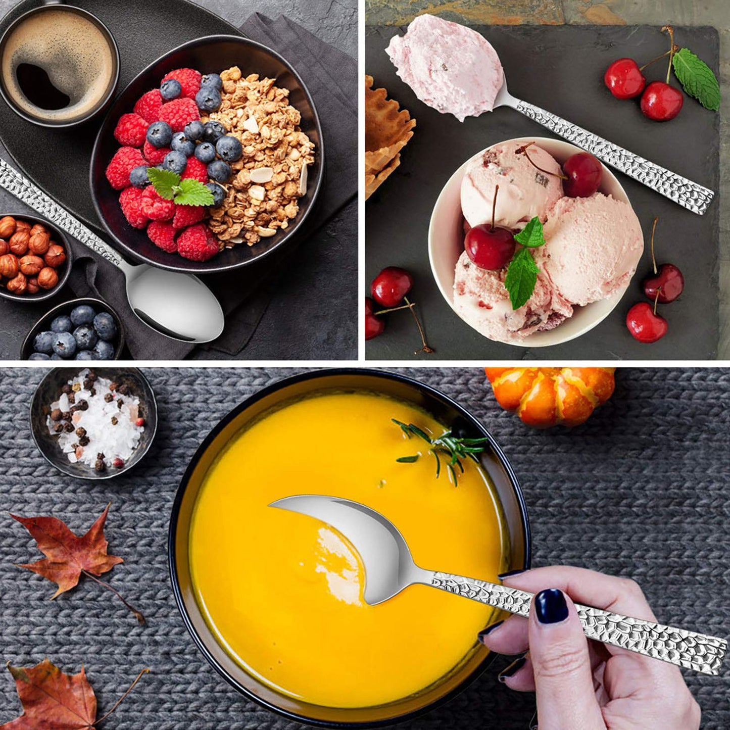 E-far Hammered Dinner Spoons Set of 12, 7.9 Inch Stainless Steel Soup Spoons Tablespoons for Home, Kitchen or Restaurant, Non-toxic & Mirror Polished, Squared Edge & Dishwasher Safe