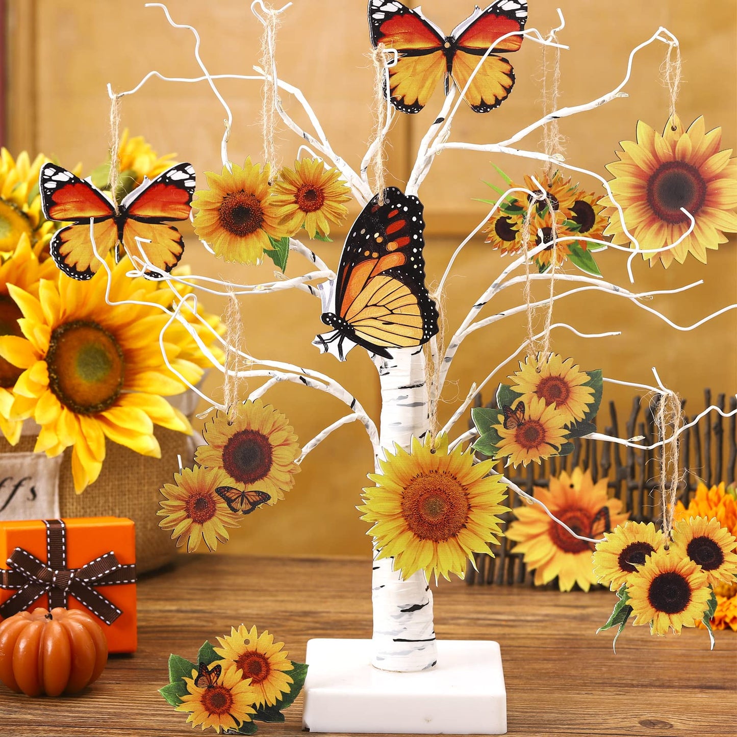 Qunclay 36 Pcs Sunflower Tree Decorations Summer Wooden Ornaments Spring Yellow Flower Butterfly Hanging Ornament Summer Sunflower Wood Pendant with Rope for Small Tree Home Party Decor