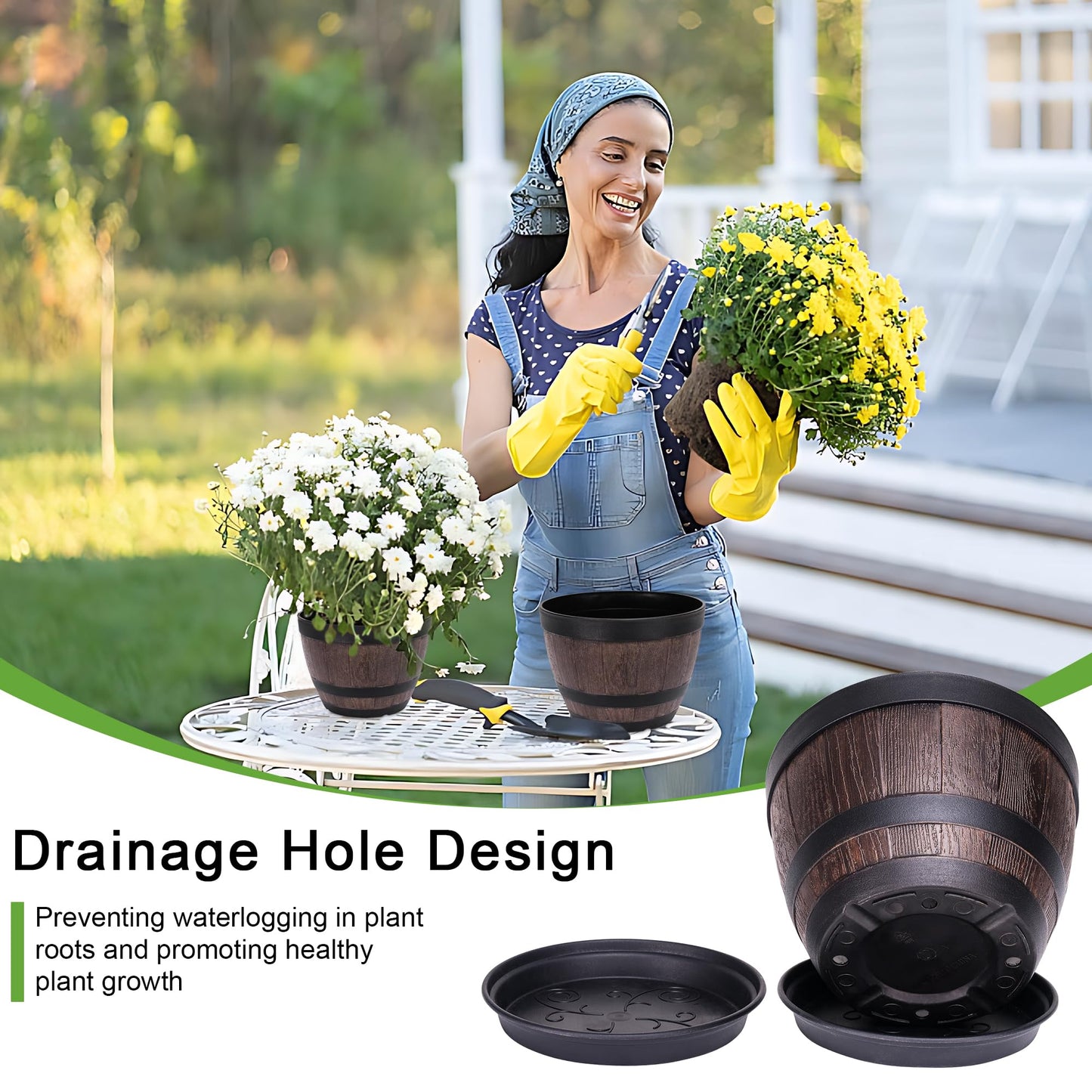 VECELO Plant Pots with Drainage Holes & Saucer, 11.3 Inch Flower Pots with Tray, 4 Pack Plastic Whiskey Barrel Planters for Indoor & Outdoor Garden Home Plants and Flowers