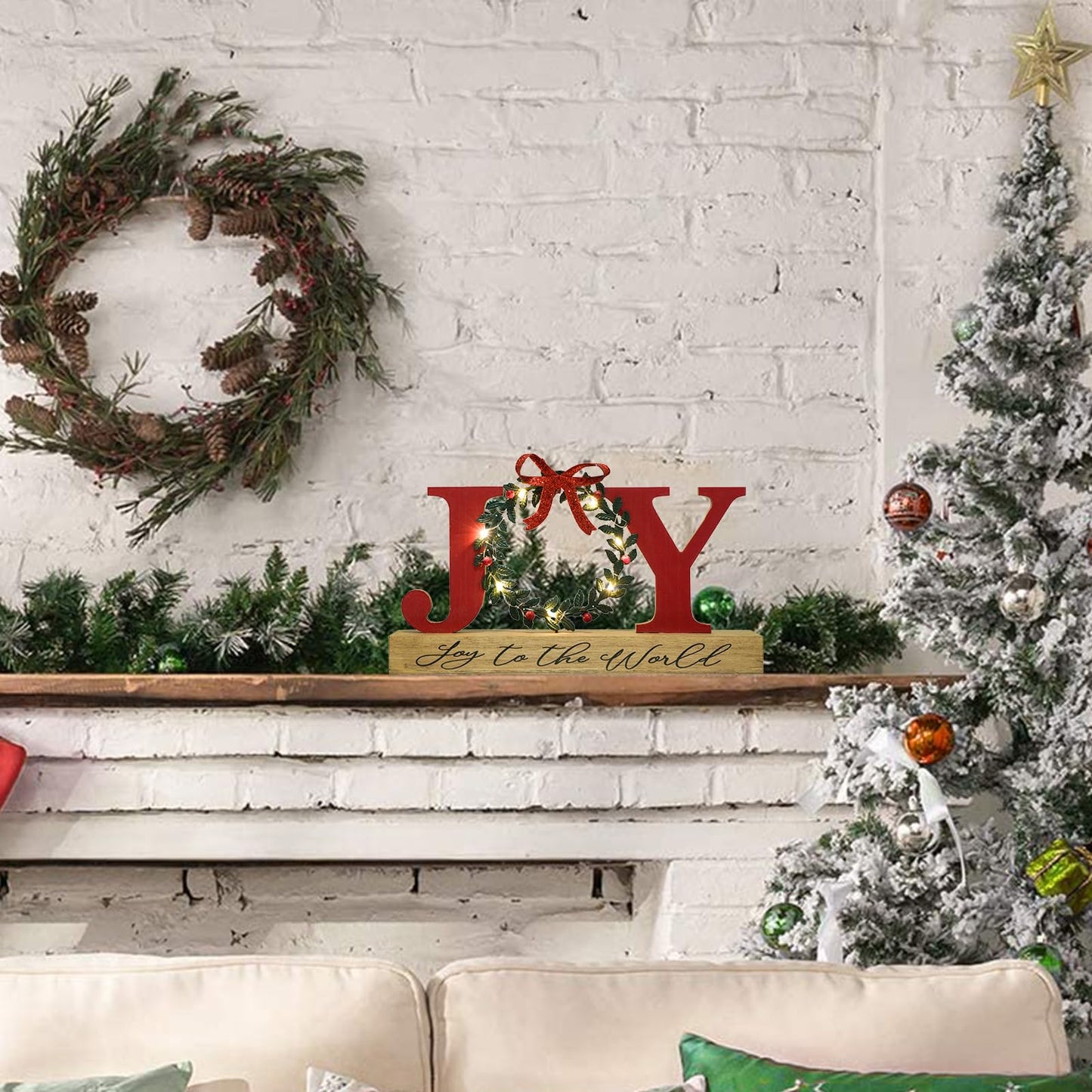 Christmas Decorations for Home LED Lighted Joy Sign with Timer Wreath Farmhouse Wooden Rustic Tabletop Decorative Sign Xmas Holiday Home Decor Indoor Room