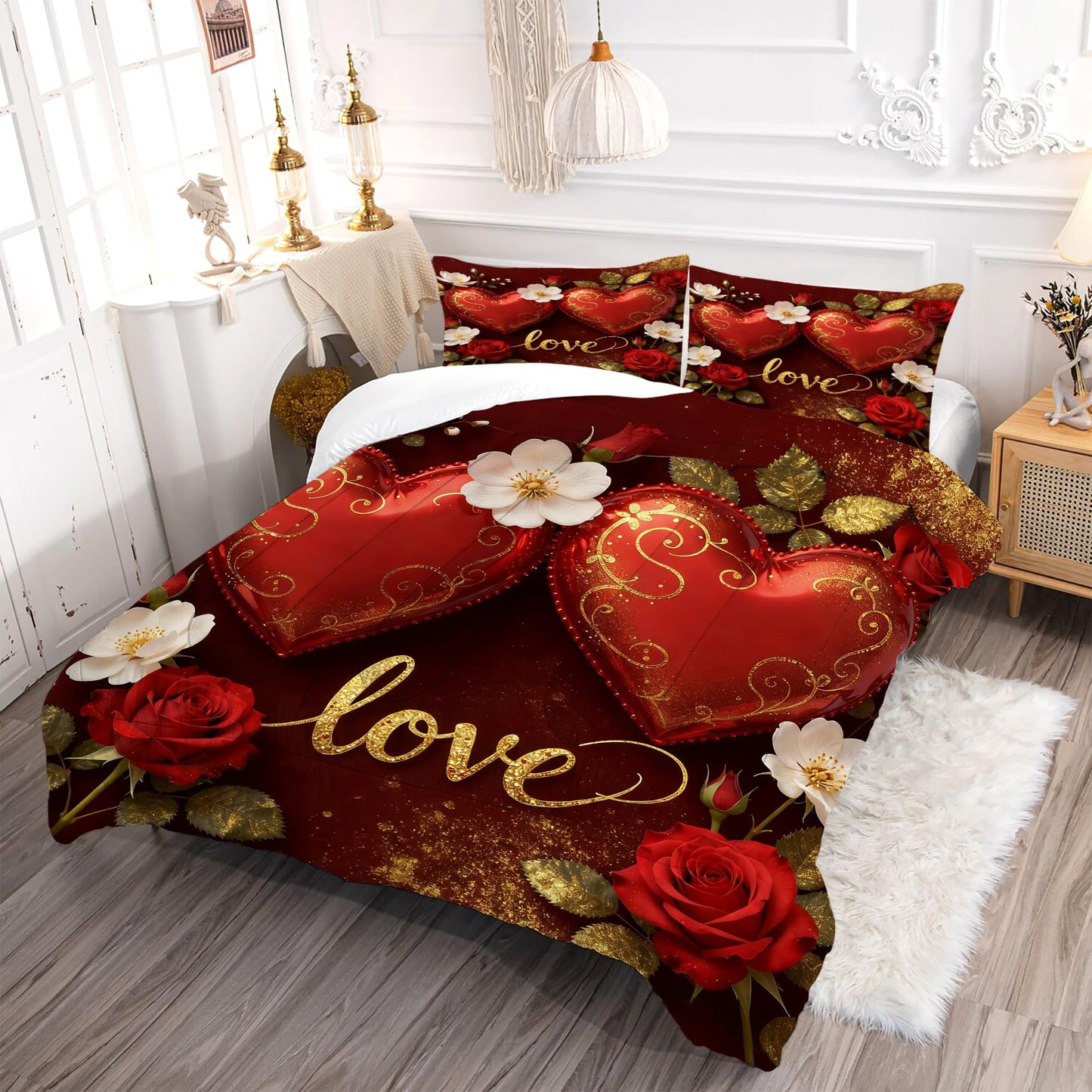 VTKON Love Heart Bedding Set Full Size 3 Piece Romantic Red Rose Comforter Set for Women Golden Glitter Love Bed Sets Valentine's Day Duvet with 1 Comforter 2 Pillow Cases