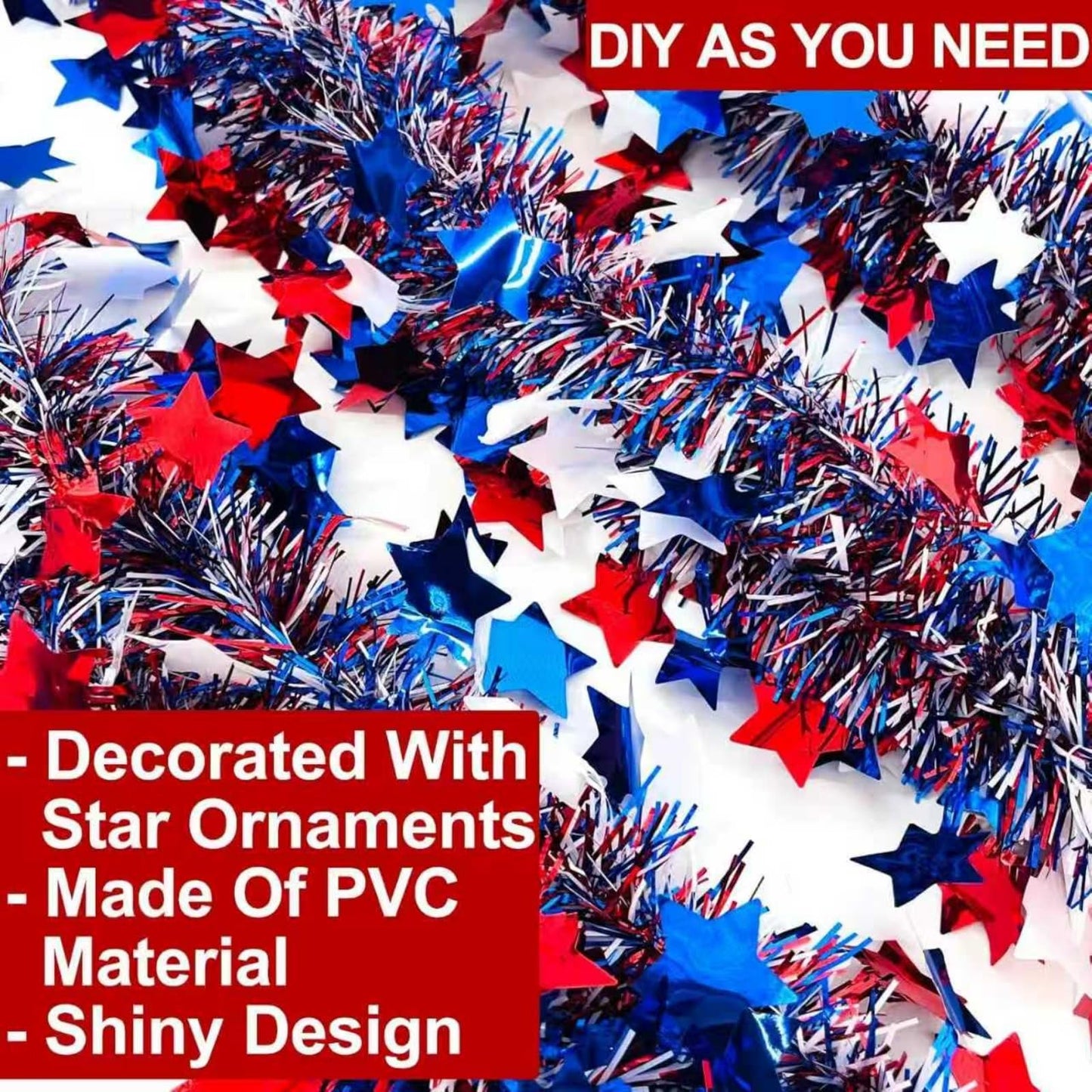 YunPuff 33Ft 4th of July Sequin Star Garland, Red White Blue Metallic Tinsel Twist Garland with 5-Pointed Stars, 2026 Patriotic Independence Day Decor for 250th Anniversary Home Staircase Porch