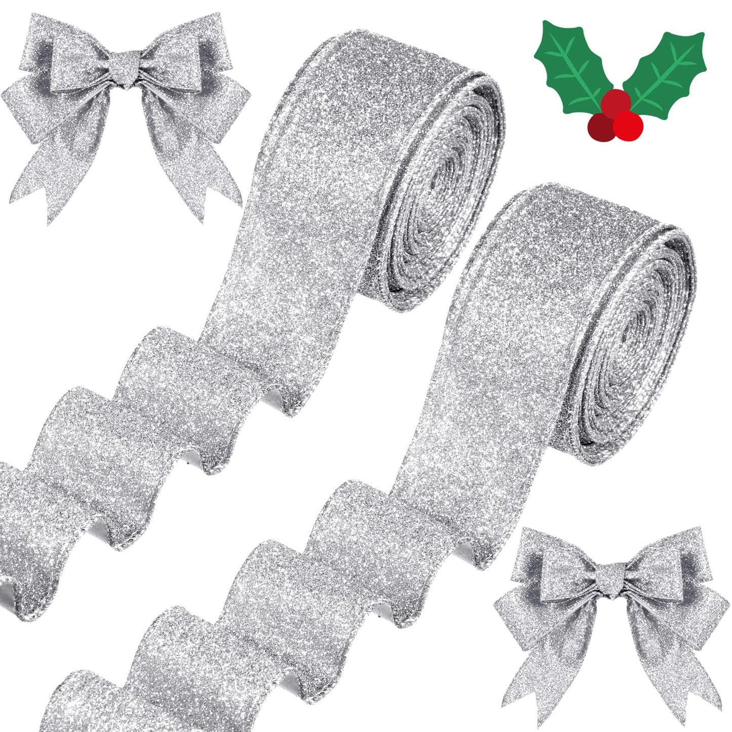 Juinte Christmas Wired Ribbon - 2 Roll 20 Yards Glitter Tree Ribbon, Thick Metallic Gift Wrapping for Wreath, Garland, Party DIY Crafts Decorations (1.5 Inch, Silver)