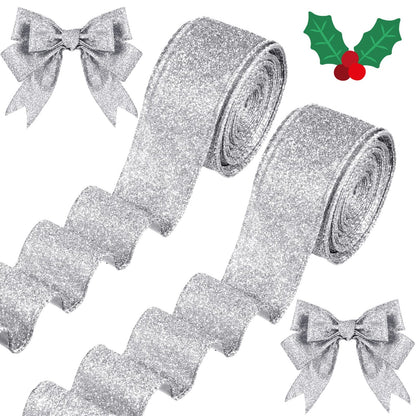 Juinte Christmas Wired Ribbon - 2 Roll 20 Yards Glitter Tree Ribbon, Thick Metallic Gift Wrapping for Wreath, Garland, Party DIY Crafts Decorations (1.5 Inch, Silver)