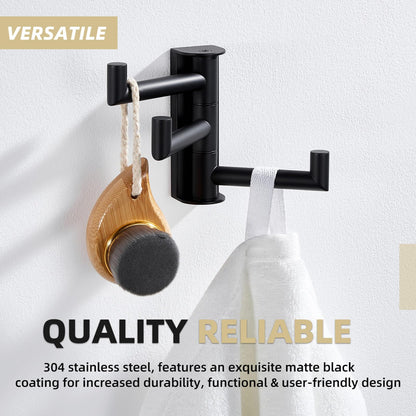 APLusee Swivel Towel Hook, 304 Stainless Steel Foldable Clothes Hook with Multi Three Rotating Arm, Flexible Bathroom Kitchen Storage Hanger Wall Mounted, Matte Black