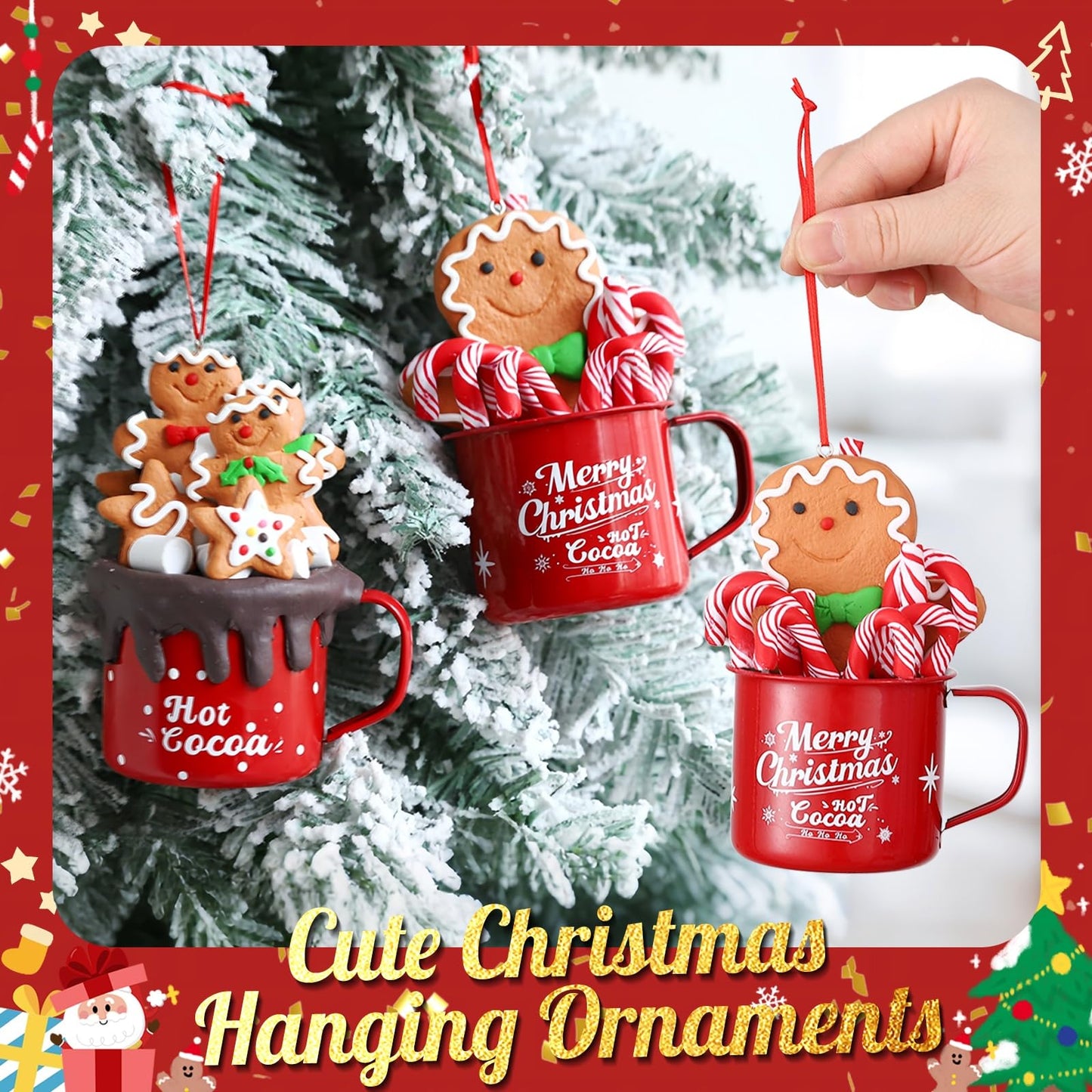 Cute Christmas Gingerbread Hanging Ornaments,2Pcs Mini Red Hot Cocoa Mugs with Handmade Clay Gingerbread Man Cookies,Chocolate,Marshmallows,Candy Canes for Winter Holiday Party Xmas Tree Decorations