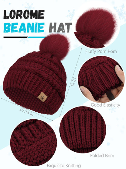 Winter Hat Scarf Gloves and Ear Warmer, Warm Knit Beanie Hat Touch Screen Gloves Set Winter Gifts Neck Scarves for Women Wine Red