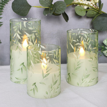 Crystal Club Glass Flameless Candles with Remote Timer, Battery Operated Flickering LED Pillar Candles, Green Willow Leaves Design for Wedding Holiday Home Decor