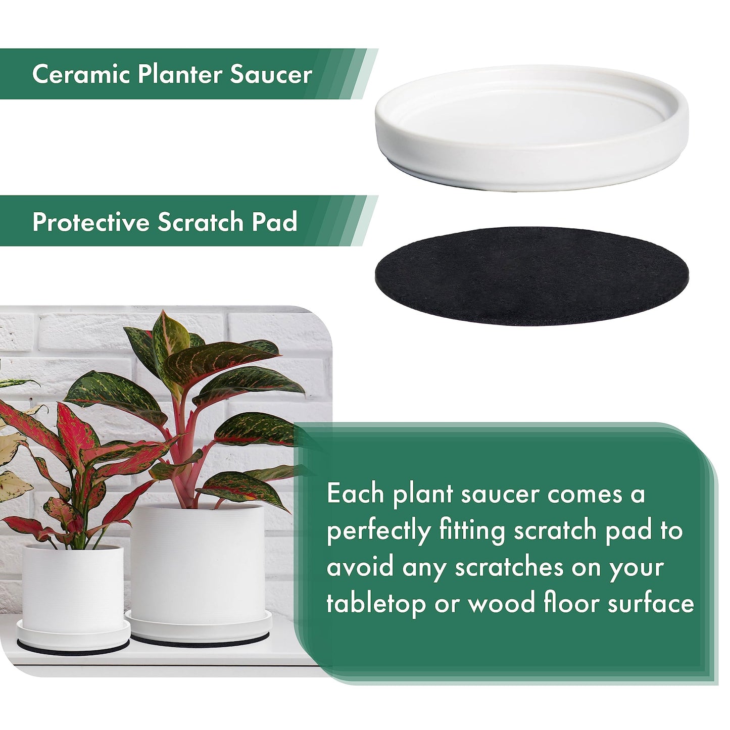 D'vine Dev Modern Round 8.7 Inch Ceramic Plant Pot Saucer, Planter Pot Drainage Tray for Indoor Plants, Matte White, 97-T-A-4