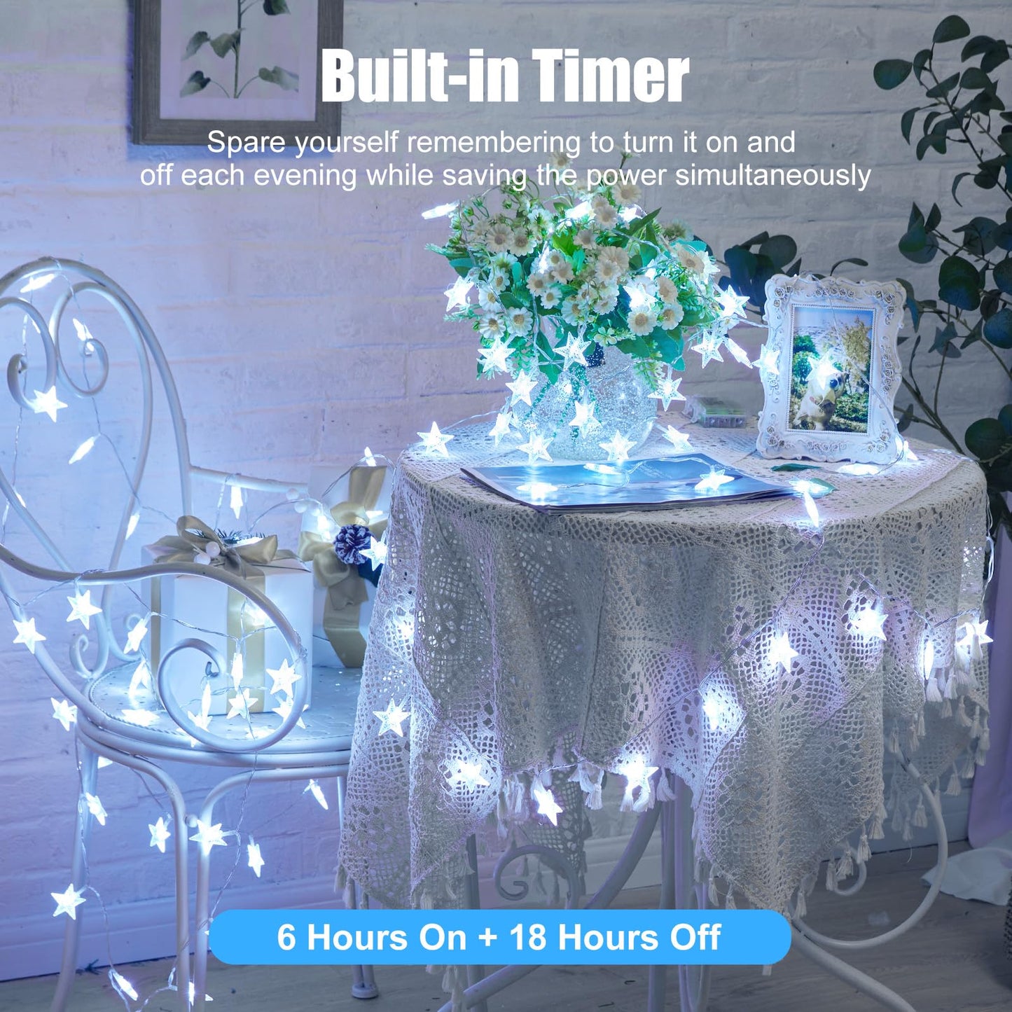 Minetom Star String Lights Battery Operated - 17 ft 50 LED Star Fairy String Lights with Timer, Waterproof for Indoor Bedroom Tent Loft Bed Patio Party Wedding Decor, White