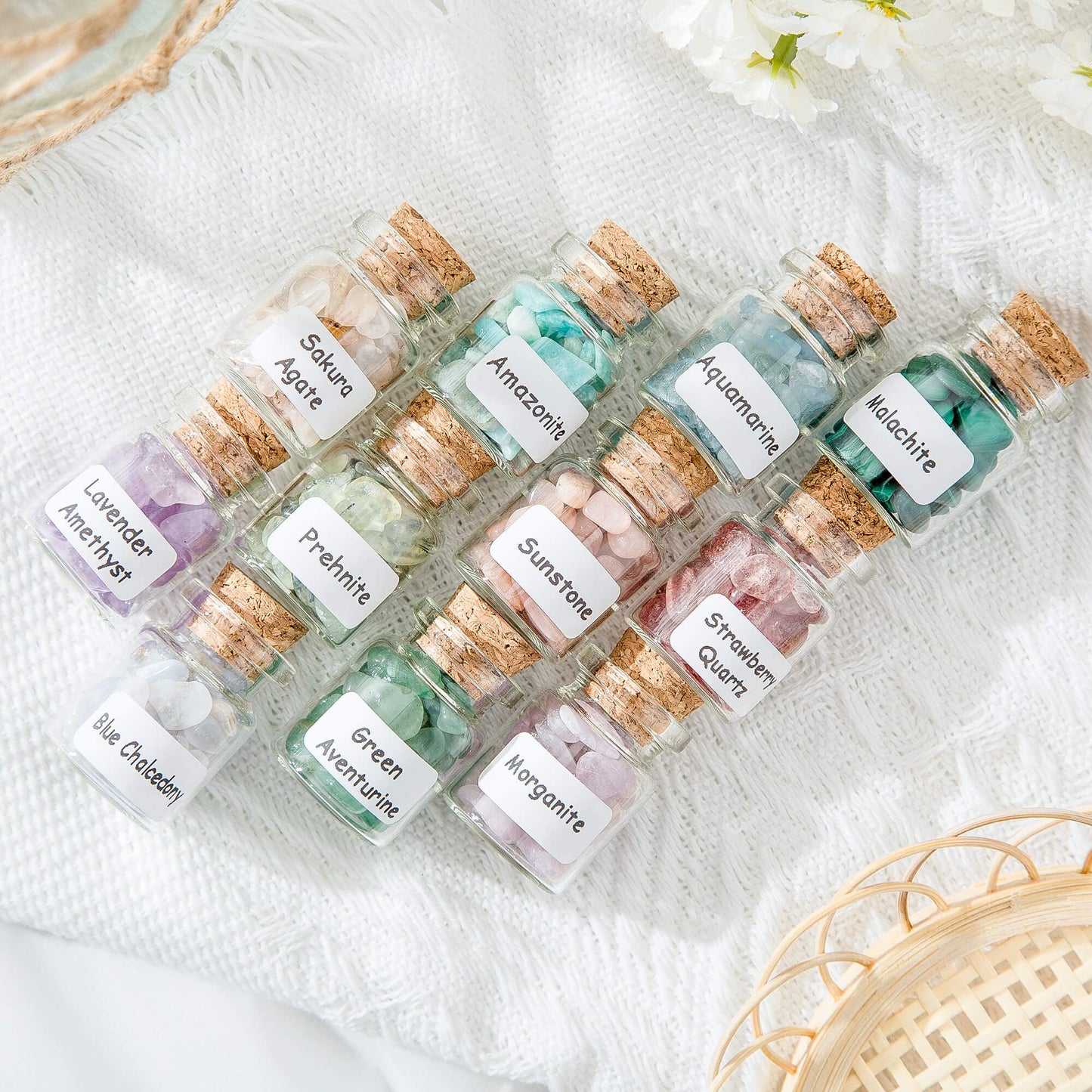 Crystal Chips Gemstone Bottles Set of Different Mini Crystals for Spell Jars, Healing Crystals for Witchcraft in Vintage Box, Chakra Crystals and Healing Stones Set Witch Gifts Witchcraft Supplies