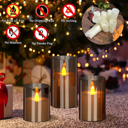 wemarry Flameless Candles 4" 5" 6" Set of 3 Acrylic Glass Pillars 3" Diameter Battery Operated Flickering Candles Include 10-Key Remote with Timer Function 400+ Hours (Gray, Warm Light 3 Pack)