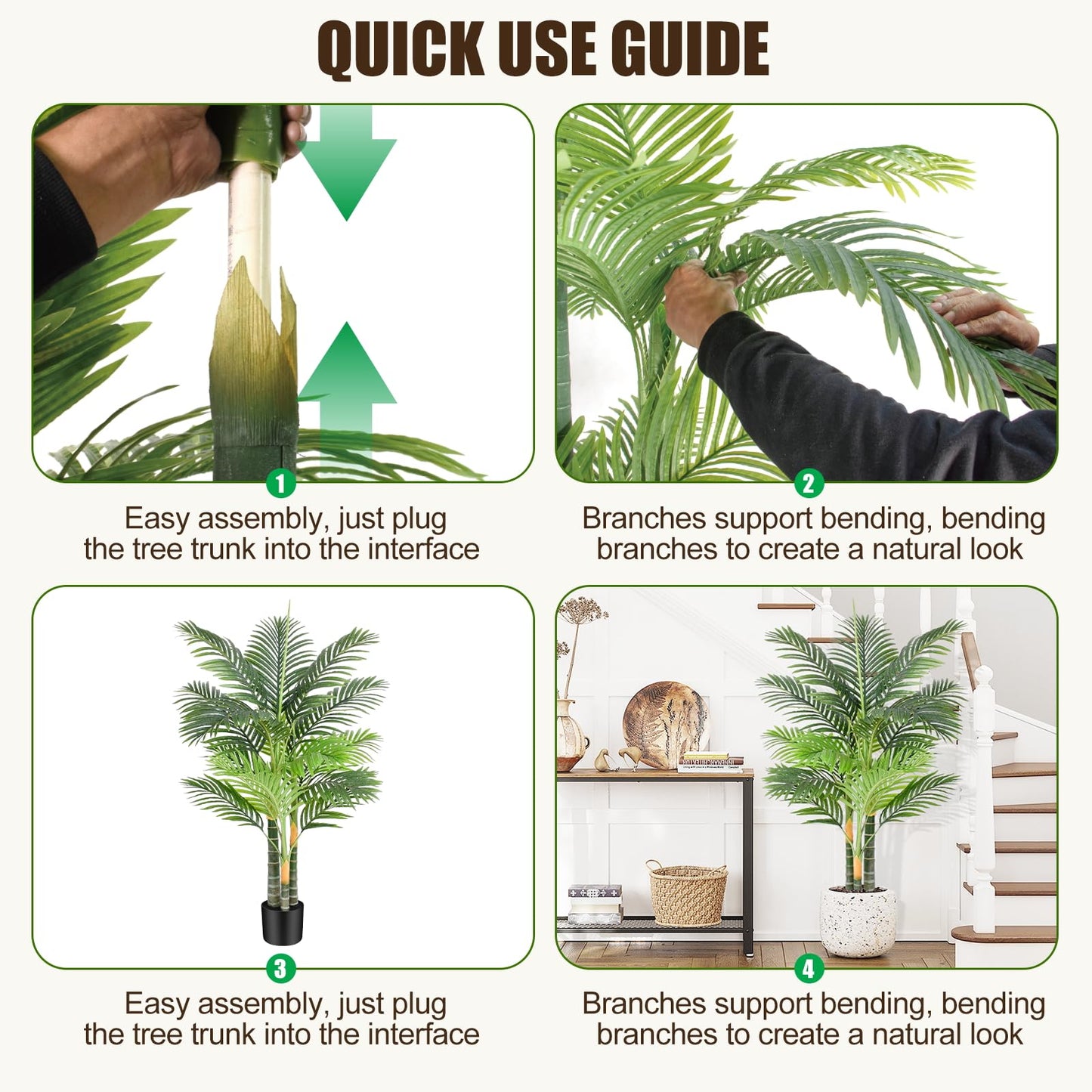 Keeplush 4ft Tall Triple Golden Cane Palm Artificial Tree Large Tropical Palm Tree UV Resistant Fake Plant in Pot for Indoor Outdoor Big House Living Room Outside Patio Office Home Decor 1Pack