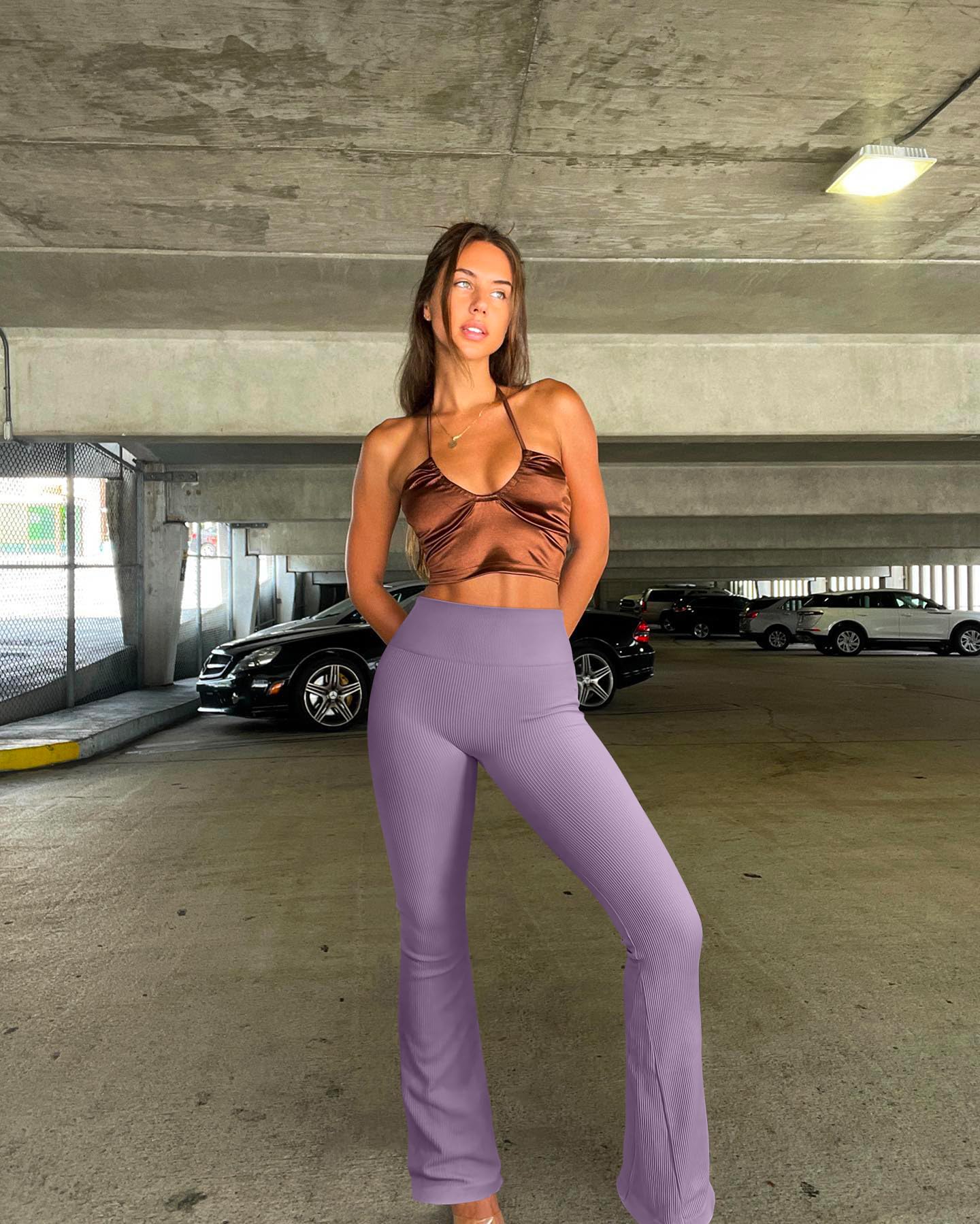 OQQ Women's 2 Piece Yoga Pants Ribbed Seamless Workout High Waist Bell Bottoms Flare Leggings