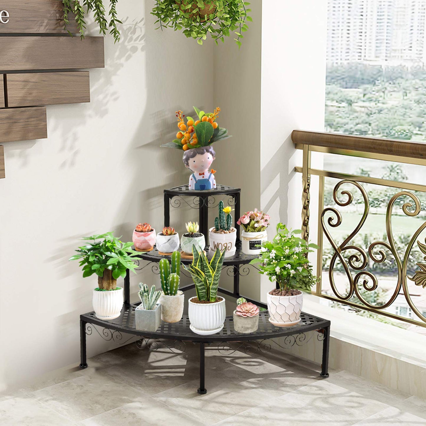 S AFSTAR Metal Plant Stand, 3-Tier Corner Plant Ladder Shelf for Indoor Outdoor, Freestanding Flower Pot Holder for Balcony Garden Office
