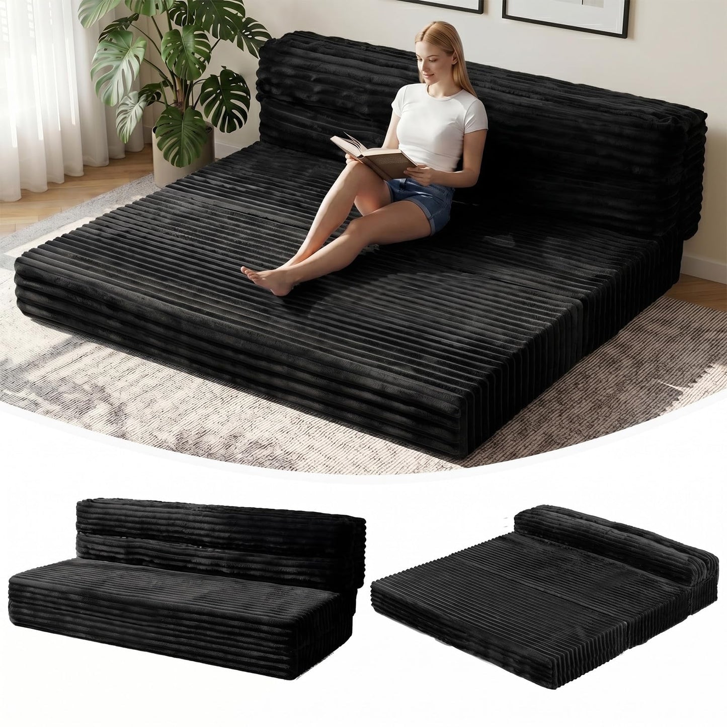 Tri-Fold Futon Sofa Bed, 6 Inch Foldable Floor Couch, High-Density Foam Convertible Sleeper Sofa with Removable Washable Corduroy Cover, Portable Floor Mattress for Living Room Bedroom Dorm RV Camping