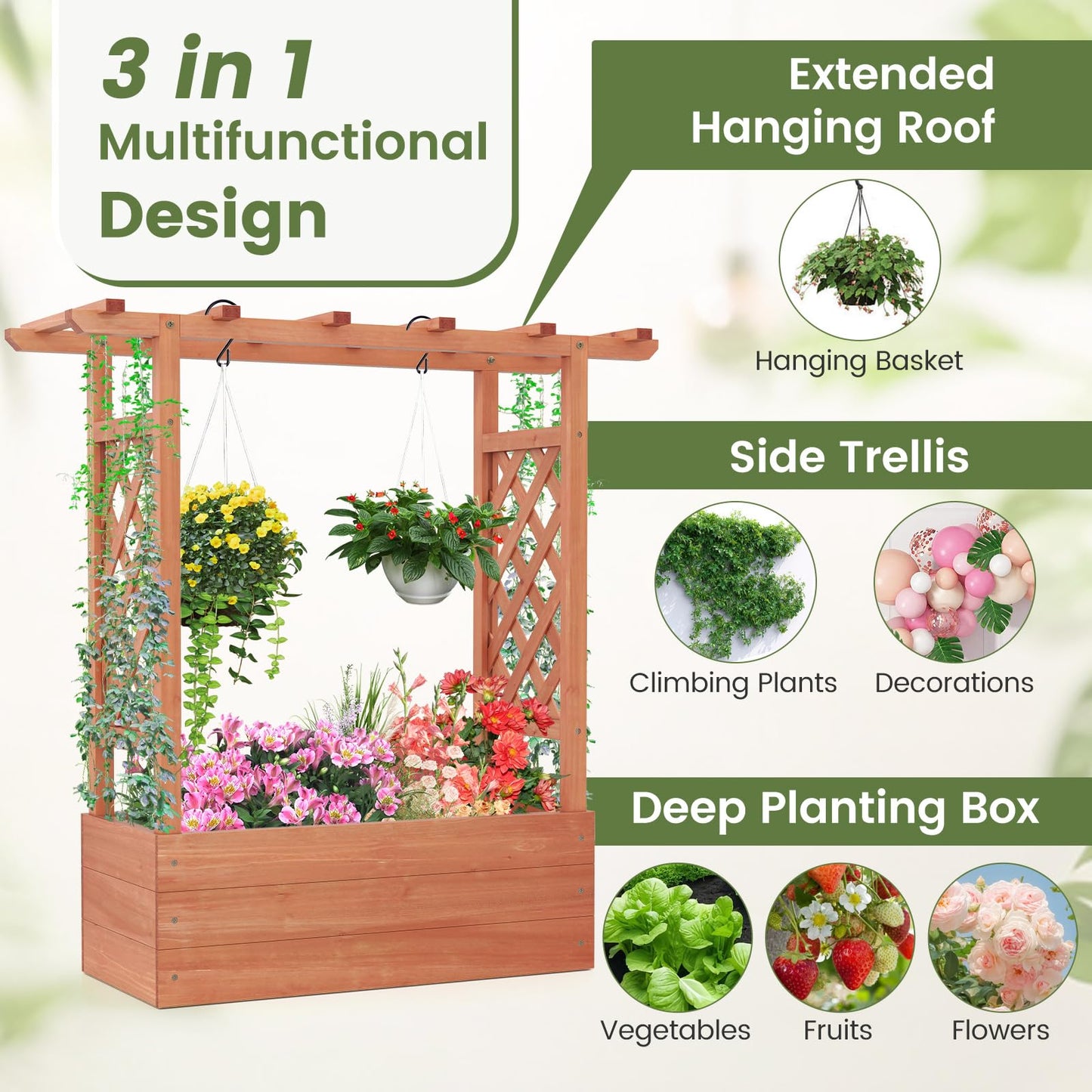 Giantex Set of 2 Raised Garden Bed with 2-Sided Trellis & Hanging Roof, Fir Wood Planter Box w/Drainage Holes, Freestanding Garden Planter for Flowers Herbs Climbing Vines (43"x15"x45")