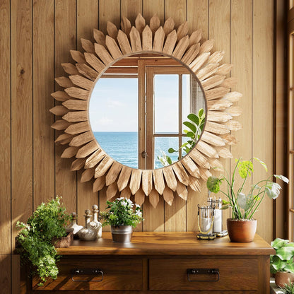VETROVUE 24 Inch Brown Boho Wall Decor Sunburst Mirror - Round Wooden Wall Decor, Handmade Rustic Circular Mirror for Living Room, Bedroom, Entryway, Office