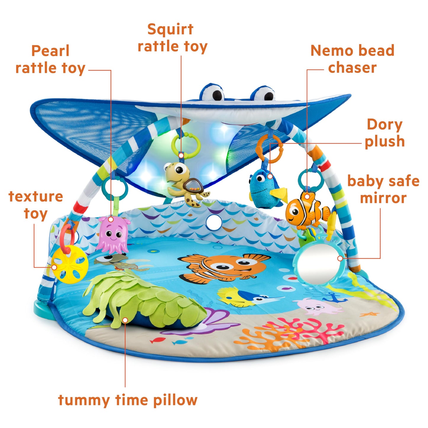 Bright Starts, Disney Baby, Finding Nemo Ocean Lights Baby Activity Gym and Play Mat with Detachable Toys, Sound and Music, Ages Newborn +