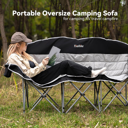 Thallike Double Camping Chair – 2-3 Person Outdoor Folding Sofa with Cup & Wine Glass Holders – Oversized Loveseat Camping Couch for Campfire, RV, Backyard – Supports Up to 1050 lbs