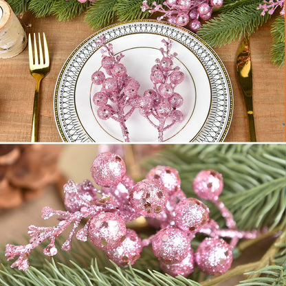 DearHouse 14 Pack Christmas Glitter Berries Stems, 7.8Inch Artificial Christmas Picks for Christmas Tree Ornaments, DIY Xmas Wreath, Crafts, Holiday and Home Decor (Pink)